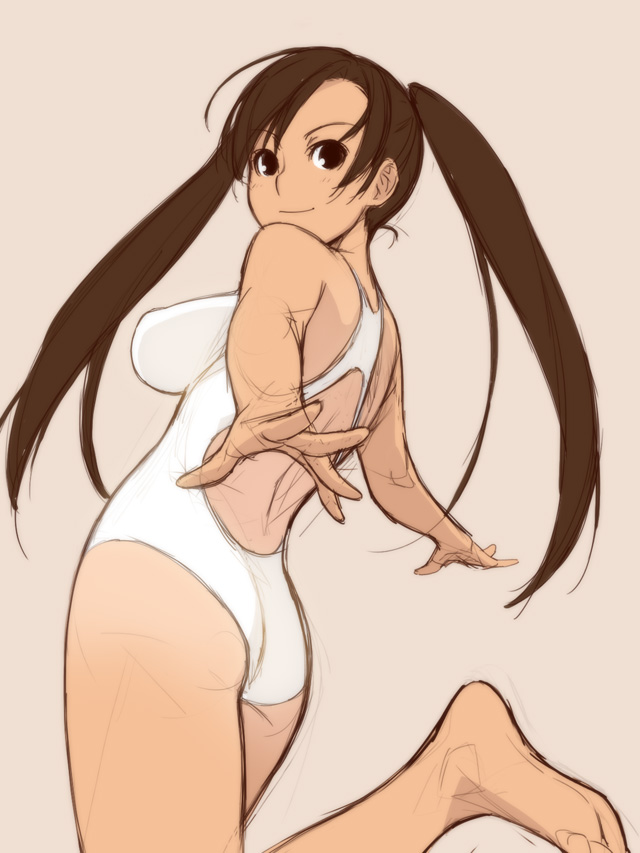 ino (magloid), kousaka rino, otome function, 1girl, ass, barefoot, brown eyes, brown hair, feet, female focus, foreshortening, impossible clothes, impossible swimsuit, long hair, one-piece swimsuit, simple background, sketch, soles, solo, swimsuit, toes, twintails