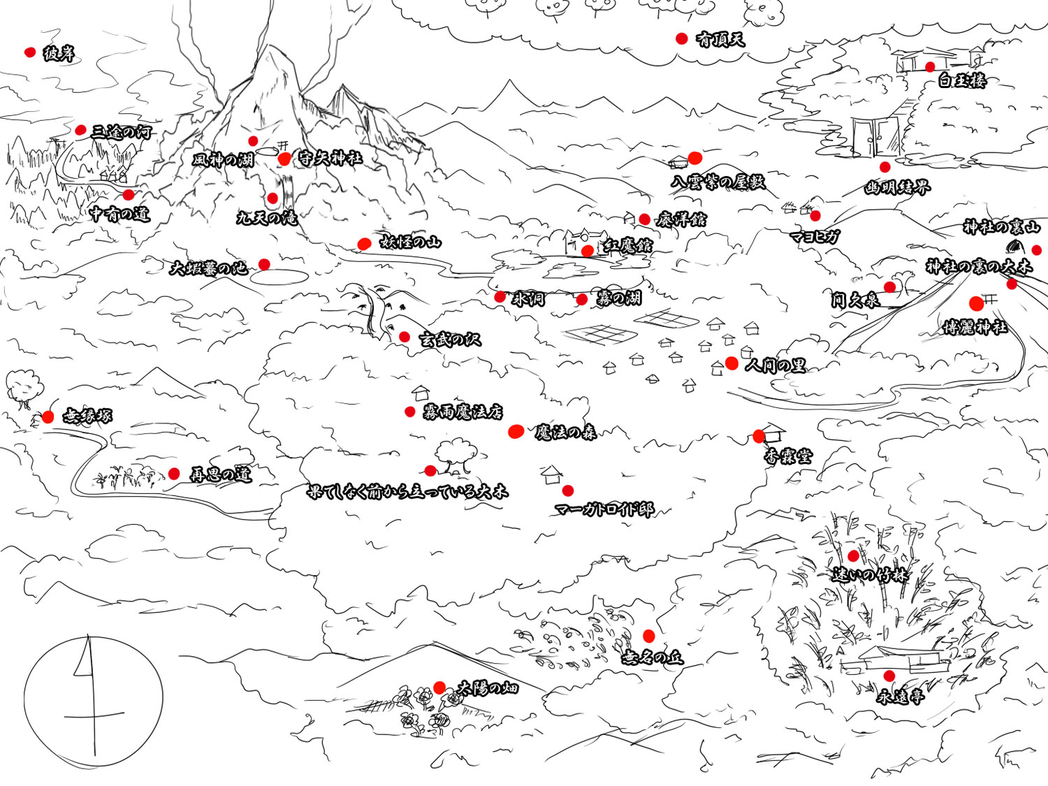 naegi (naegidokoro), touhou, partially translated, translation request, forest, gensokyo, greyscale, map, monochrome, nature, no humans, outdoors, plant, spot color