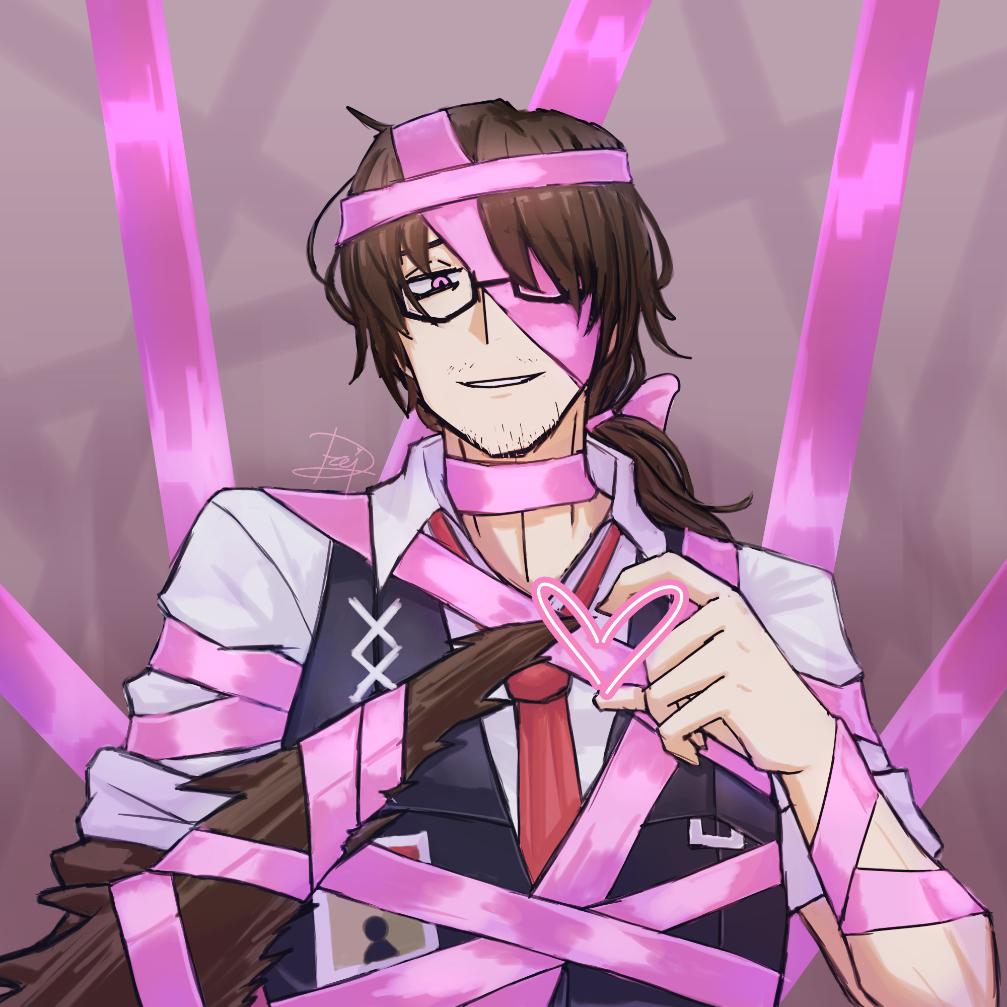 gregor (project moon), pink shoes (project moon), limbus company, project moon, absurdres, highres, photoshop (medium), 1boy, ;d, arthropod limbs, artist name, beard stubble, black-framed eyewear, black-framed glasses, black vest, bound, bow, brown hair, collared shirt, dress shirt, facial hair, formal clothes, glasses, grin, hair between eyes, hair bow, hair ribbon, half-closed eye, half-closed eyes, hands up, heart, heart hands, id card, long hair, long sleeves, looking at viewer, low ponytail, male focus, necktie, one eye closed, one eye covered, open mouth, parted bangs, parted lips, pink background, pink bow, pink eyes, pink ribbon, ponytail, purple background, red necktie, ribbon, ribbon bondage, sanpaku, semi-rimless eyewear, shirt, signature, simple background, sleeves rolled up, smile, smirk, solo, stubble, suit, teeth, under-rim eyewear, upper body, vest, white shirt, wing collar