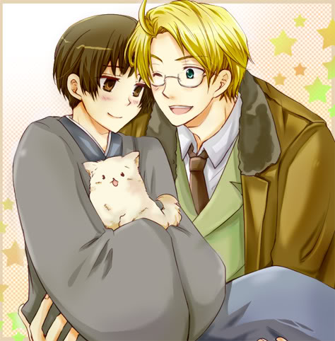 america (hetalia), japan (hetalia), axis powers hetalia, lowres, 2boys, blonde hair, blue eyes, brown eyes, brown hair, carrying, cat, glasses, male focus, multiple boys, smile, yaoi