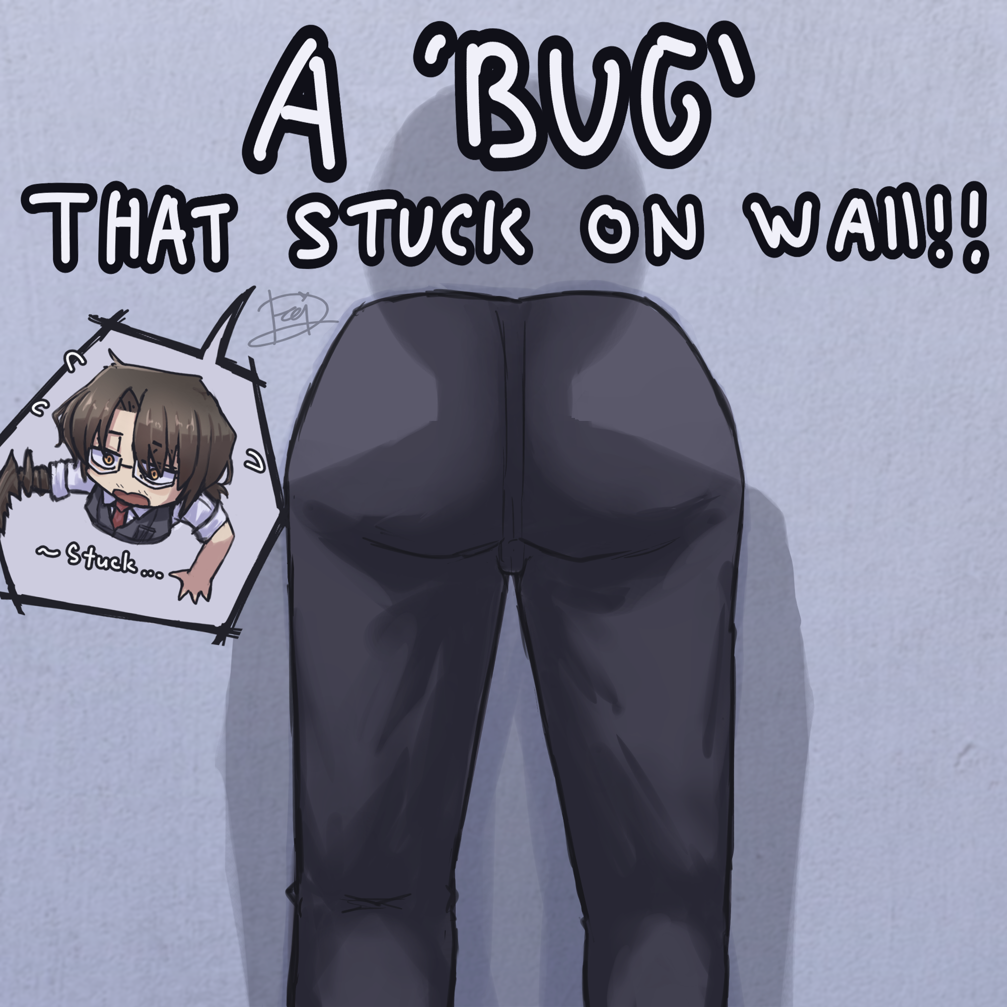 gregor (project moon), limbus company, project moon, absurdres, highres, photoshop (medium), 2boys, arthropod limbs, artist name, ass, ass focus, bent over, black-framed eyewear, black-framed glasses, black pants, black vest, brown hair, close-up, collared shirt, english text, eyes visible through hair, facial hair, flying sweatdrops, fourth wall, from behind, glasses, grey background, hair between eyes, half-closed eyes, id card, leaning forward, long hair, looking ahead, low ponytail, male focus, multiple boys, multiple views, necktie, open mouth, pants, parted bangs, ponytail, pov, red necktie, sanpaku, semi-rimless eyewear, shadow, shirt, signature, silhouette, simple background, solo focus, speech bubble, standing, stubble, stuck, through wall, under-rim eyewear, vest, white shirt, yellow eyes