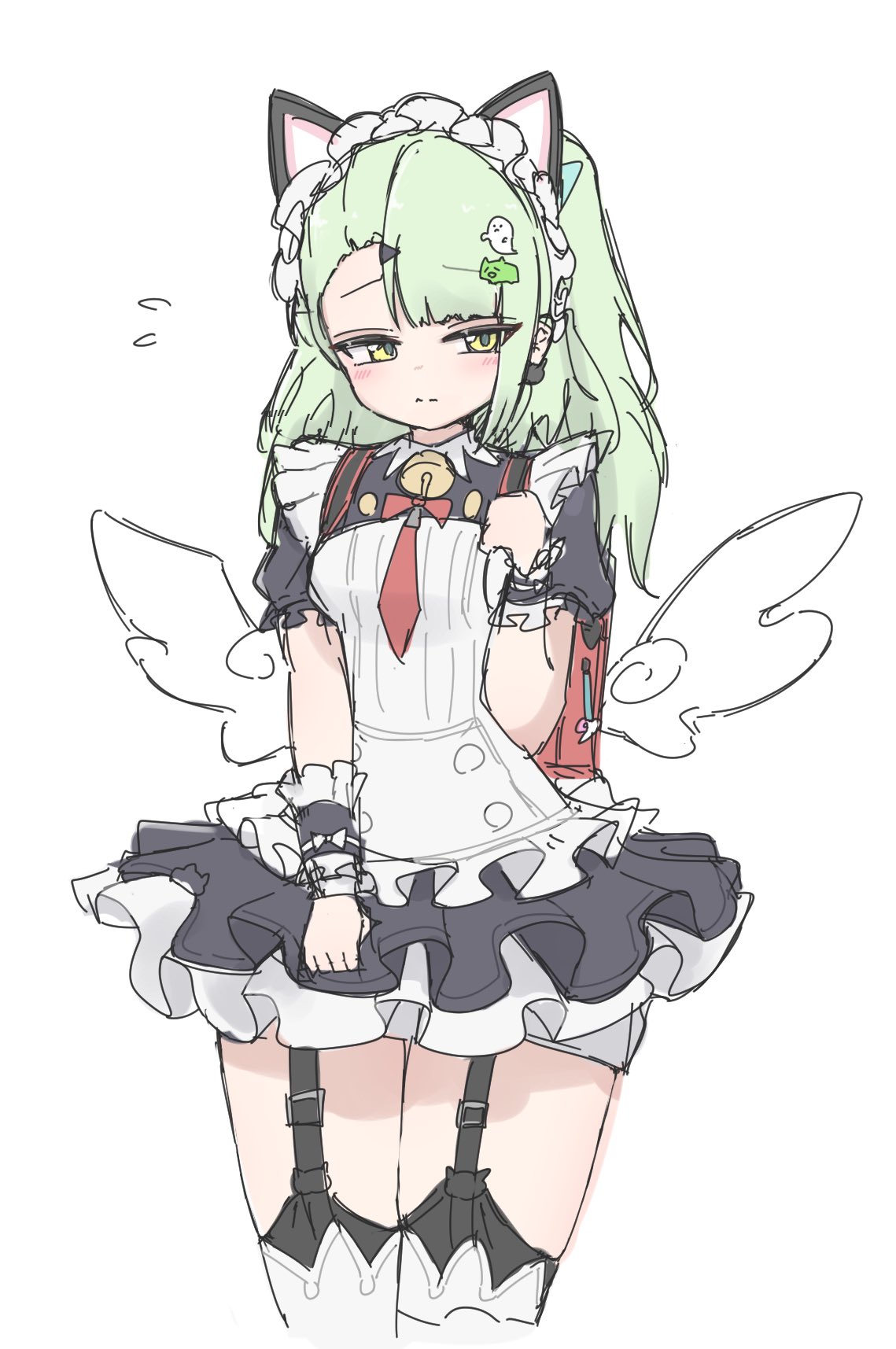 sunna (zenless zone zero), zenless zone zero, commentary request, highres, 1girl, animal ear hairband, animal ears, bell, black dress, cat ear hairband, cat ears, closed mouth, cowboy shot, dress, earrings, fake animal ears, flying sweatdrops, frilled dress, frilled sleeves, frills, garter straps, ghost hair ornament, green eyes, green hair, gusumandesuyo, hair ornament, hairband, jewelry, layered dress, looking to the side, maid, maid headdress, multiple hair clips, neck bell, necktie, official alternate costume, red bag, red necktie, simple background, solo, sunna (afternoon tea break) (zenless zone zero), triangle hair ornament, white background, white wings, winged bag, wings