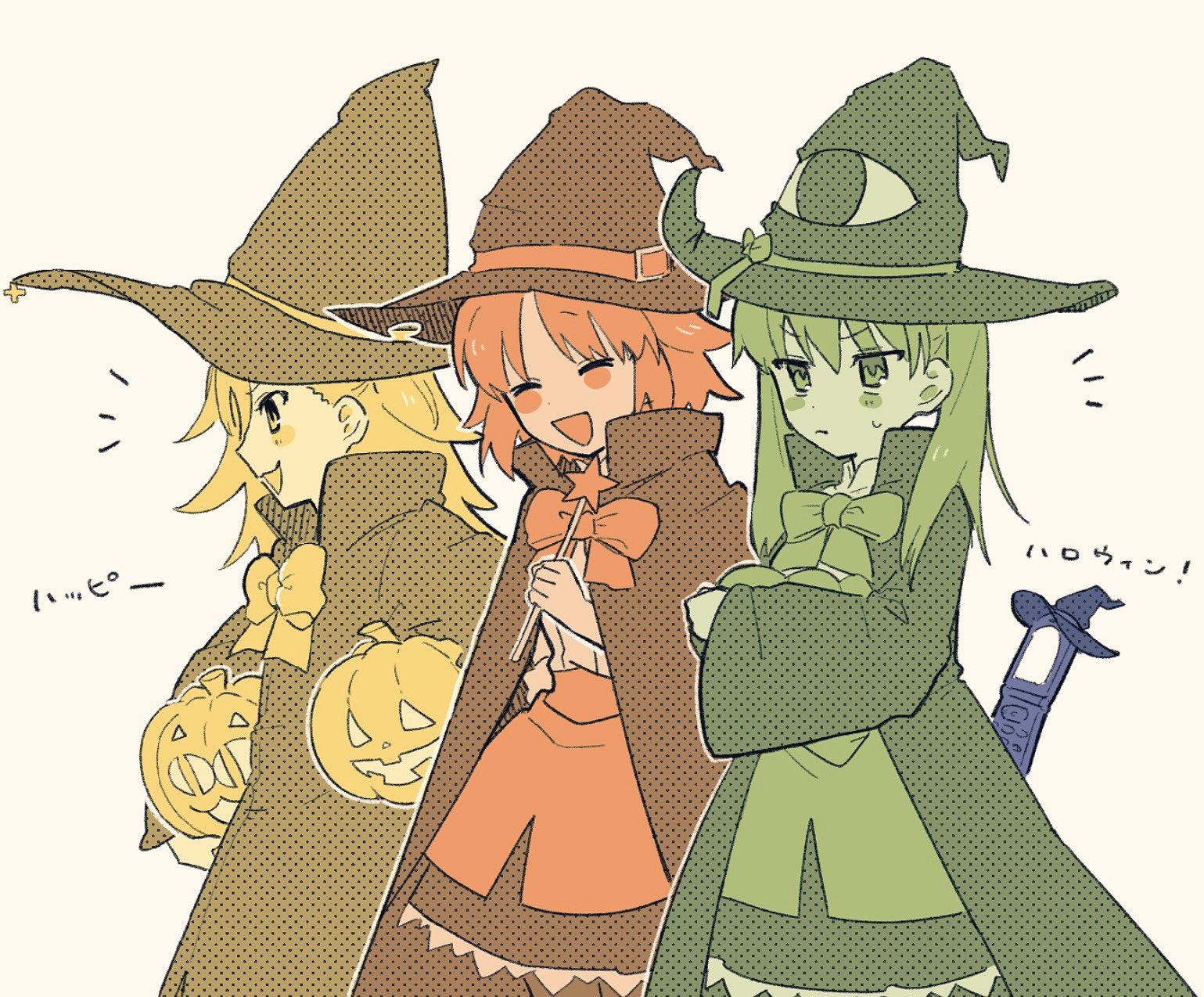 kanoko iii, hibino hibiki, katsuragi chikagi, sugata sunao, mahou tsukai no hako, commentary, highres, symbol-only commentary, translation request, 3girls, :d, closed eyes, crossed arms, halloween costume, hat, holding, holding wand, jack-o'-lantern, keitai-san, multiple girls, notice lines, open mouth, simple background, smile, star wand, wand, witch, witch hat, yellow background