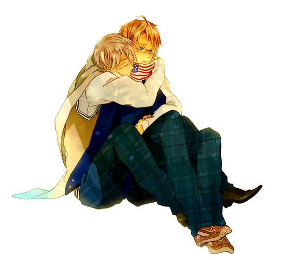 america (hetalia), russia (hetalia), axis powers hetalia, tagme, 2boys, hug, hug from behind, male focus, multiple boys, yaoi
