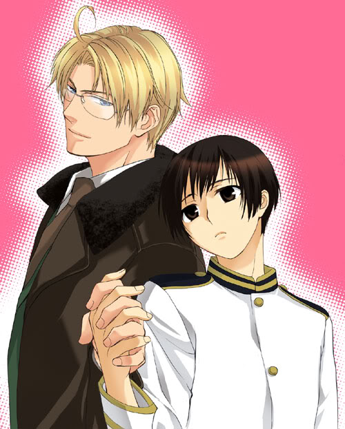 america (hetalia), japan (hetalia), axis powers hetalia, 2boys, blonde hair, blue eyes, brown eyes, brown hair, glasses, holding hands, male focus, multiple boys, yaoi
