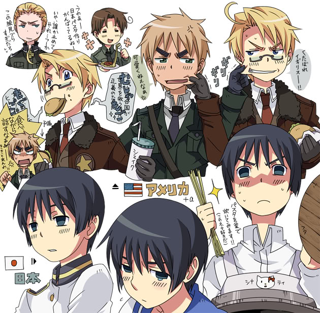 america (hetalia), germany (hetalia), japan (hetalia), northern italy (hetalia), united kingdom (hetalia), axis powers hetalia, translation request, 5boys, american flag, japan, japanese flag, male focus, multiple boys