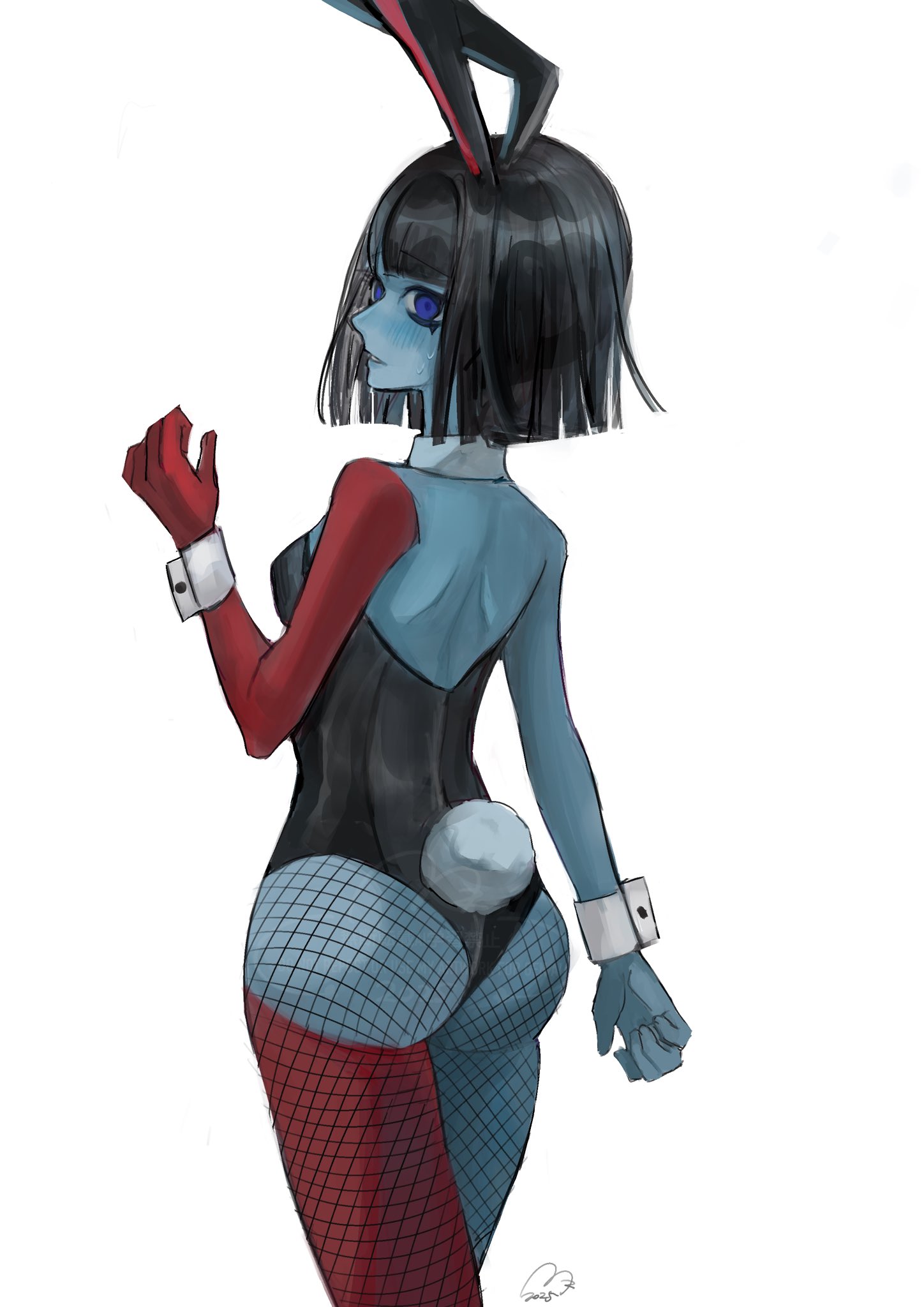 usagimarumei, ena (dream bbq), hangover ena, ena: dream bbq, ena (series), highres, 1girl, alternate costume, animal ears, ass, black hair, black leotard, blue blush, blue skin, blunt bangs, blunt ends, bob cut, colored blush, colored skin, ena (species), fishnet pantyhose, fishnets, leotard, multicolored skin, pantyhose, playboy bunny, rabbit ears, rabbit girl, rabbit tail, red skin, simple background, solo, tail, two-tone skin