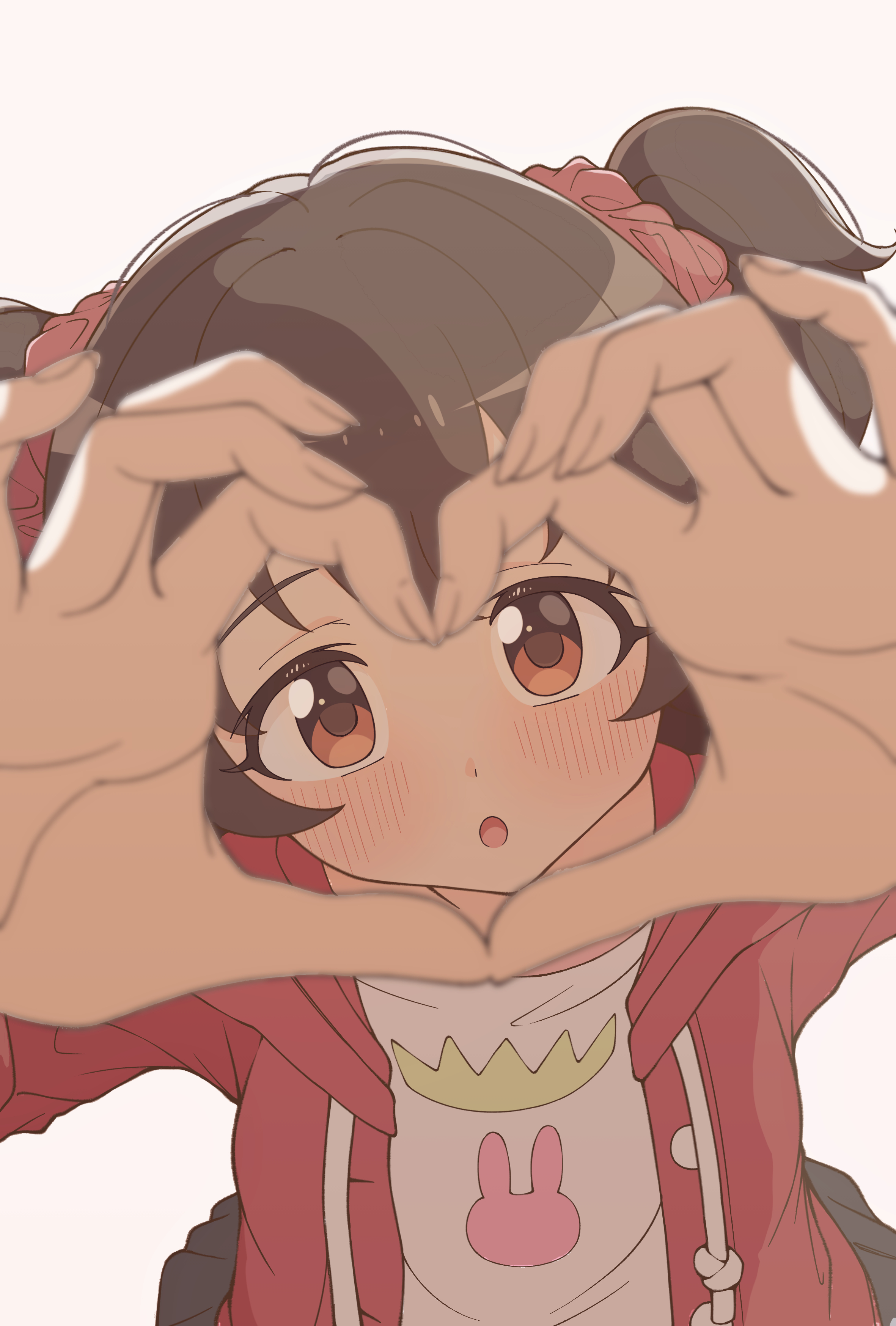 luilui 0525, akagi miria, idolmaster, idolmaster cinderella girls, absurdres, commentary request, highres, 1girl, :o, arms up, blush, four-finger heart hands, hair ornament, hair scrunchie, heart, heart hands, jacket, looking at viewer, red jacket, scrunchie, shirt, simple background, solo, two side up, upper body, white background, white shirt