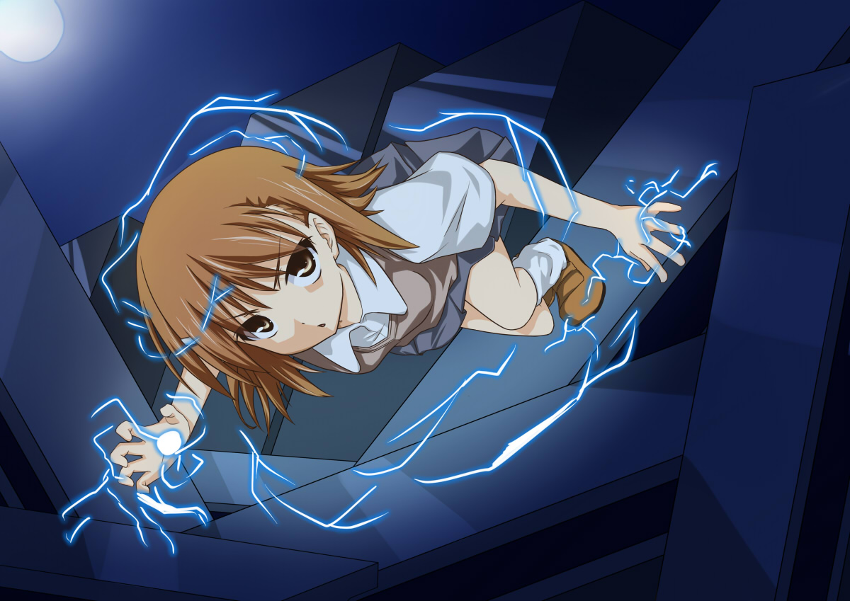 hisae (hisae collect), misaka mikoto, toaru kagaku no railgun, toaru majutsu no index, bad id, bad pixiv id, 1girl, brown eyes, brown hair, electricity, electrokinesis, female focus, full moon, hair ornament, hairclip, moon, night, outdoors, pleated skirt, school uniform, skirt, sky, solo, sweater vest