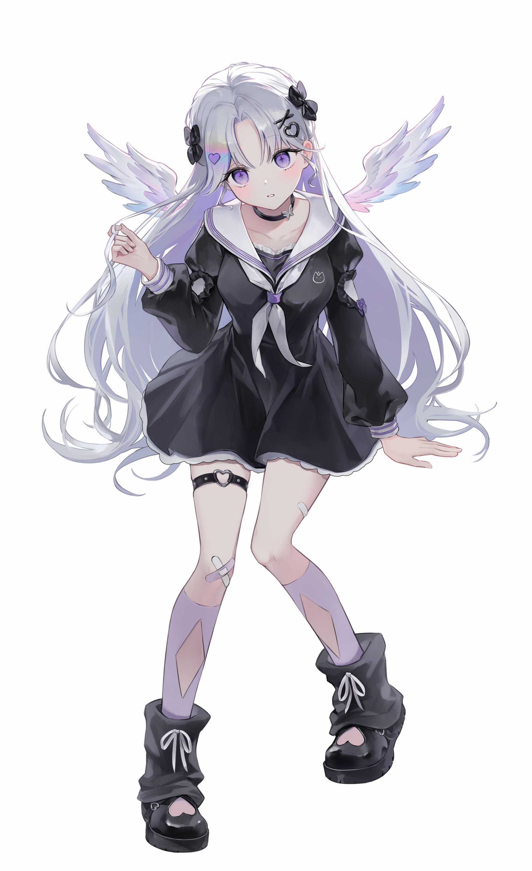 bbony 0 0, ayatsuno yuni, stellive, absurdres, commentary, highres, symbol-only commentary, 1girl, bandaid, bandaid on knee, bandaid on leg, black bow, black collar, black dress, black shoes, black socks, bow, collar, cross-shaped pupils, dress, feathered wings, frilled dress, frills, full body, gradient hair, hair bow, hair ornament, heart, heart hair ornament, heart o-ring, invisible chair, kneehighs, long hair, loose socks, multicolored hair, multiple hair bows, neckerchief, o-ring, o-ring thigh strap, playing with own hair, purple eyes, purple socks, ribbon, sailor collar, shoes, simple background, sitting, socks, solo, symbol-shaped pupils, thigh strap, very long hair, virtual youtuber, white background, white hair, white neckerchief, white ribbon, white sailor collar, wings, x hair ornament