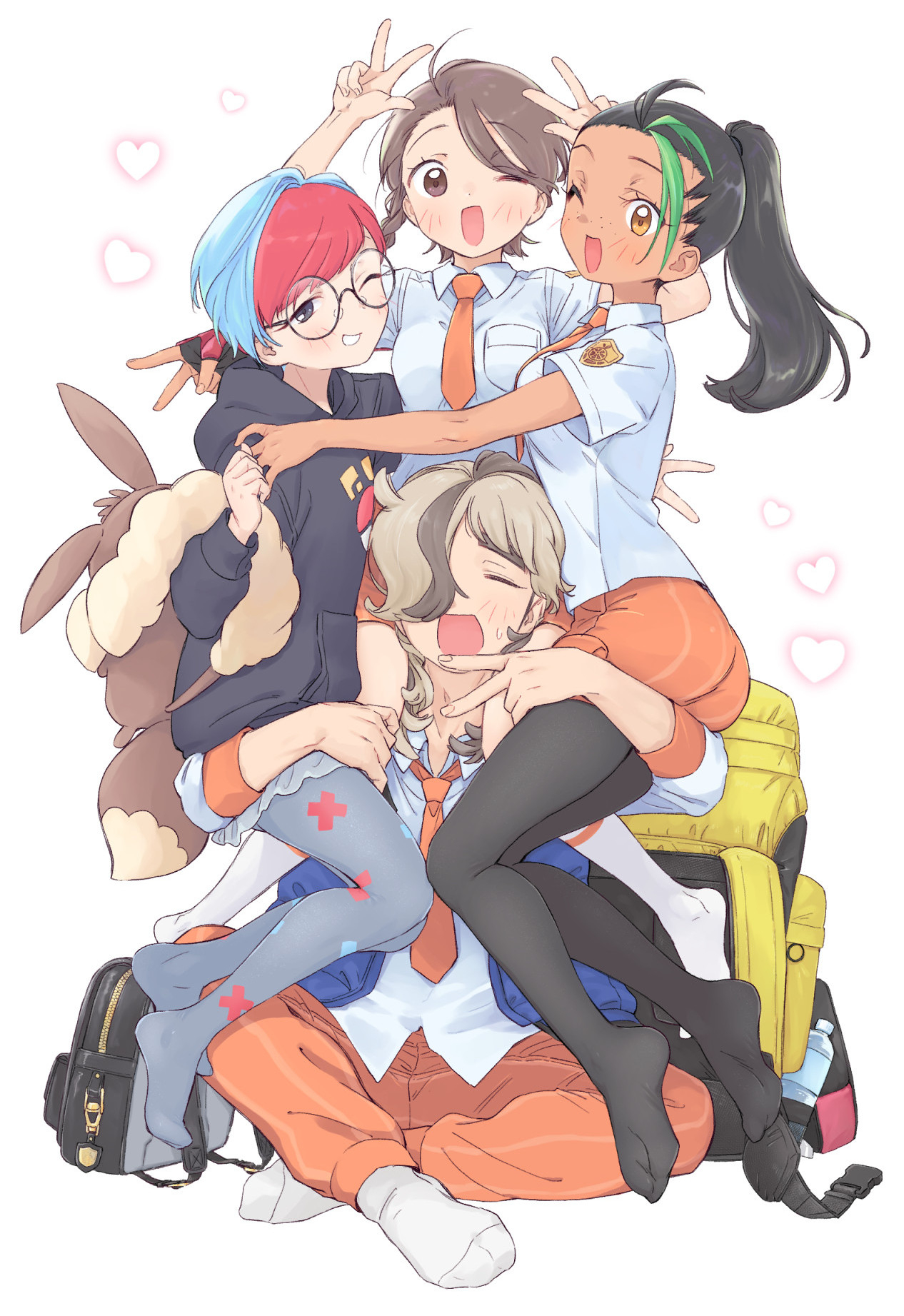 harinezumi103, arven (pokemon), juliana (pokemon), nemona (pokemon), penny (pokemon), nintendo, pokemon, pokemon sv, commentary request, highres, 1boy, 3girls, backpack, bag, black thighhighs, blue hair, blush, braid, breasts, brown hair, double v, eevee backpack, freckles, glasses, grey eyes, heart, holding, holding another's leg, hood, hoodie, hug, long sleeves, multicolored hair, multiple girls, naranja academy (emblem), naranja academy school uniform, one eye closed, open mouth, orange shorts, red hair, school uniform, short hair, short sleeves, shorts, small breasts, smile, thighhighs, two-tone hair, v, white background