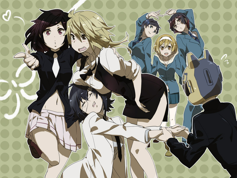 ebi103, shuri (84k), celty sturluson, heiwajima shizuo, kida masaomi, kishitani shinra, orihara izaya, ryuugamine mikado, sonohara anri, durarara!!, 2boys, 5girls, black hair, blonde hair, blue eyes, bodysuit, breast rest, breasts, brown eyes, genderswap, genderswap (ftm), genderswap (mtf), glasses, headband, heart, helmet, lab coat, large breasts, miniskirt, motorcycle helmet, multiple boys, multiple girls, navel, necktie, pencil skirt, pleated skirt, red eyes, school uniform, short hair, skirt, tuxedo, vest, yellow eyes