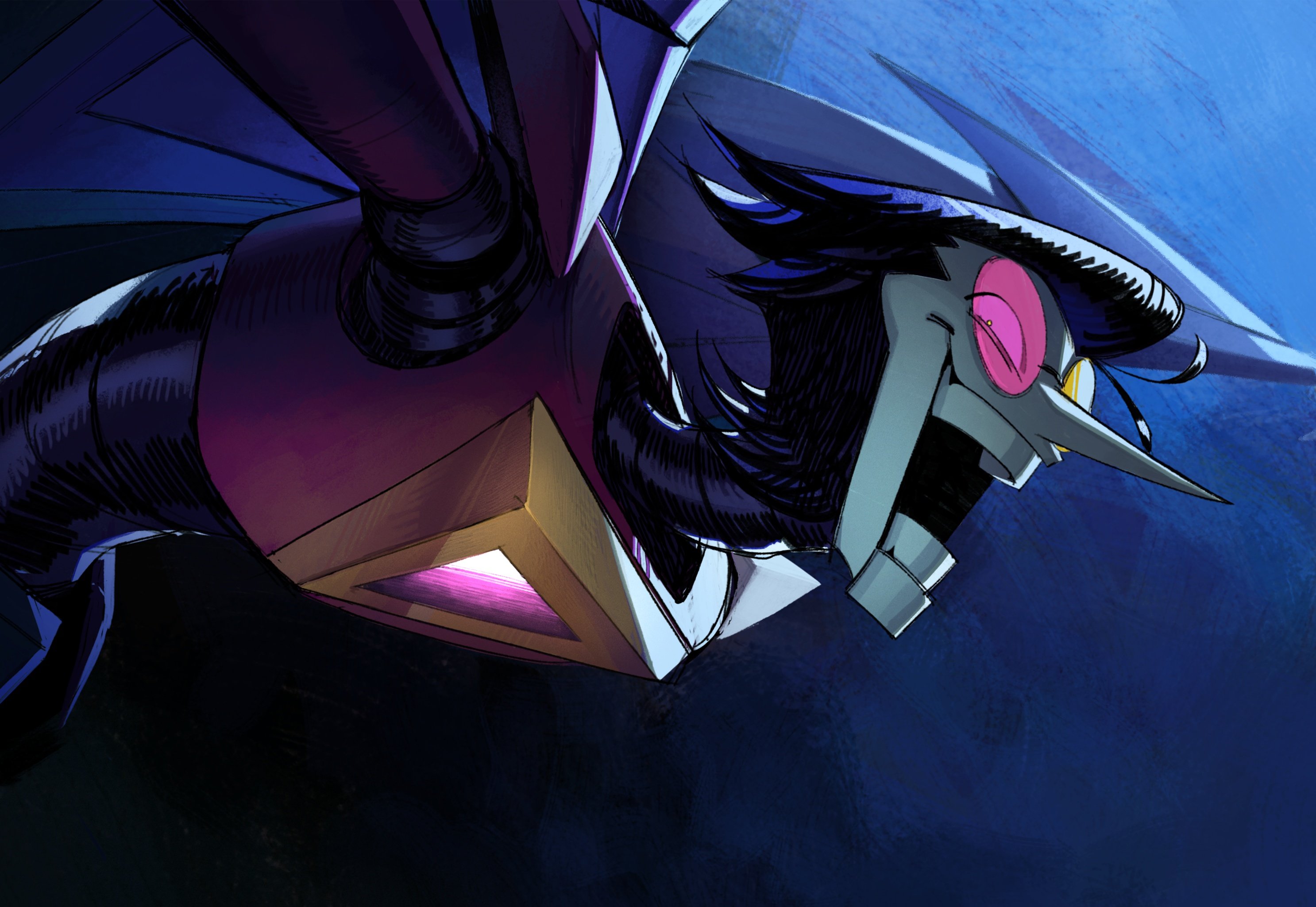 spamton g. spamton, spamton neo, deltarune, utdr (toby fox), commentary, english commentary, highres, 1boy, black hair, heterochromatic eyewear, long nose, looking at viewer, male focus, mechanical wings, open mouth, pointy nose, short hair, simple banana15, solo, teeth, tinted eyewear, upper body, wings