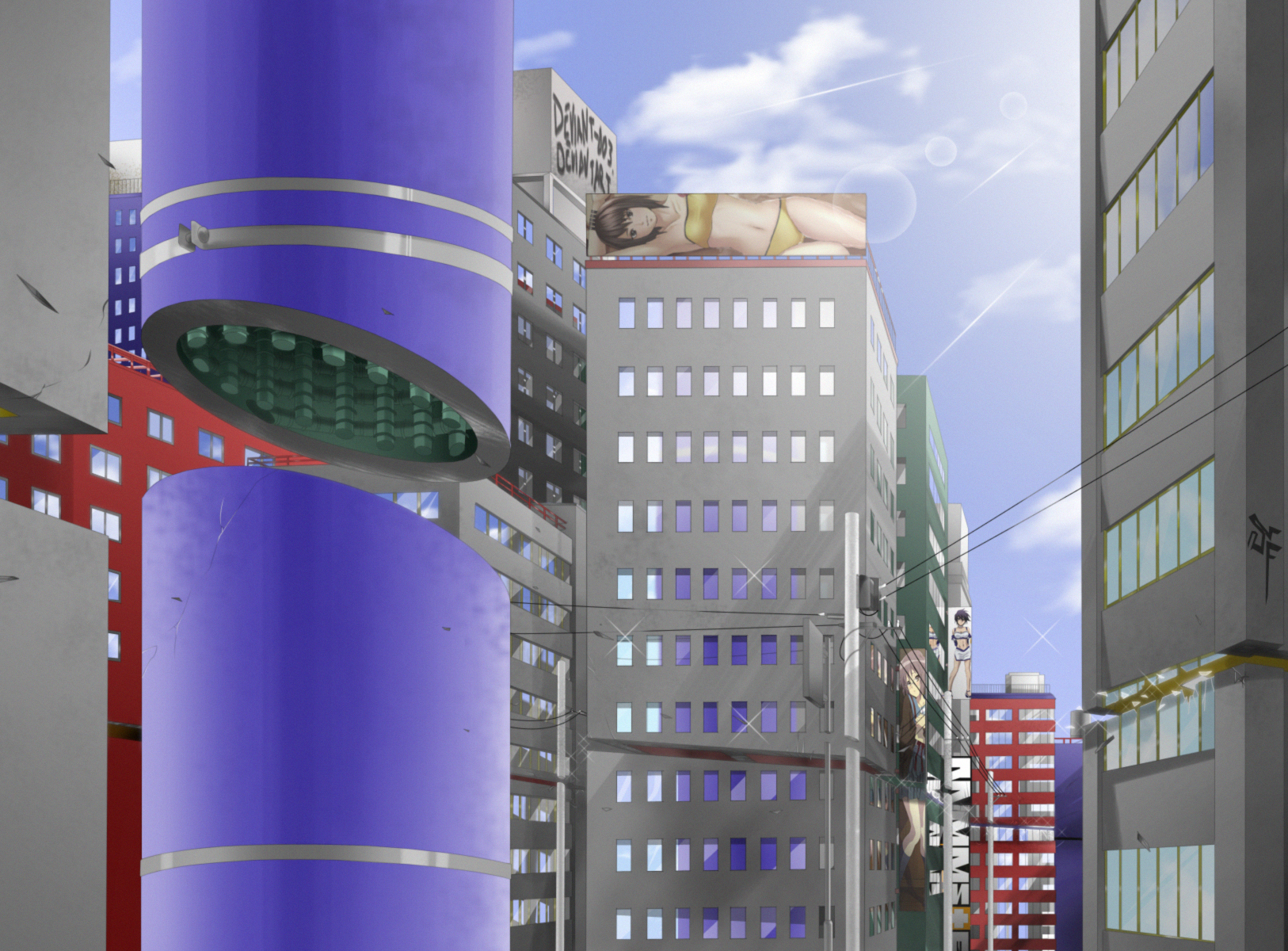 stiky finkaz, tk (artist), kanroji nanami, nagato yuki, shizune (naruto), bleach, cross days, school days, suzumiya haruhi no yuuutsu, naruto, highres, city, cloud, cuts, destruction, injury, road, sky, street