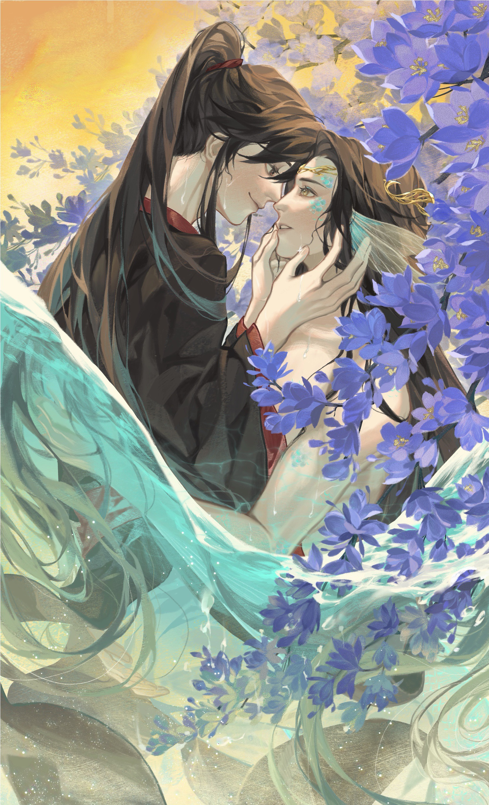 lan wangji, wei wuxian, modao zushi, absurdres, chinese commentary, commentary request, highres, 2boys, bishounen, black hair, black hanfu, blue flower, blue scales, branch, brown hair, chinese clothes, circlet, closed mouth, couple, diaomaoxiaoheidaoliangquanban, eye contact, face-to-face, fins, flower, hands on another's cheeks, hands on another's face, hanfu, head fins, high ponytail, horns, hug, imminent kiss, light particles, long hair, long sleeves, looking at another, male focus, merman, monster boy, monsterification, multicolored hair, multiple boys, nude, parted lips, partially submerged, ponytail, profile, red eyes, robe, scales, sidelocks, smile, upper body, very long hair, water, wet, wet clothes, wet hair, wide sleeves, yaoi, yellow eyes