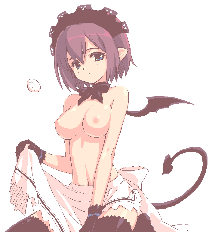 amano yuu, original, 1girl, ?, apron, breasts, choker, demon girl, demon tail, demon wings, female focus, gloves, maid headdress, navel, neck ribbon, nipples, oekaki, pointy ears, ribbon, ribbon choker, solo, tail, thighhighs, topless female, wings