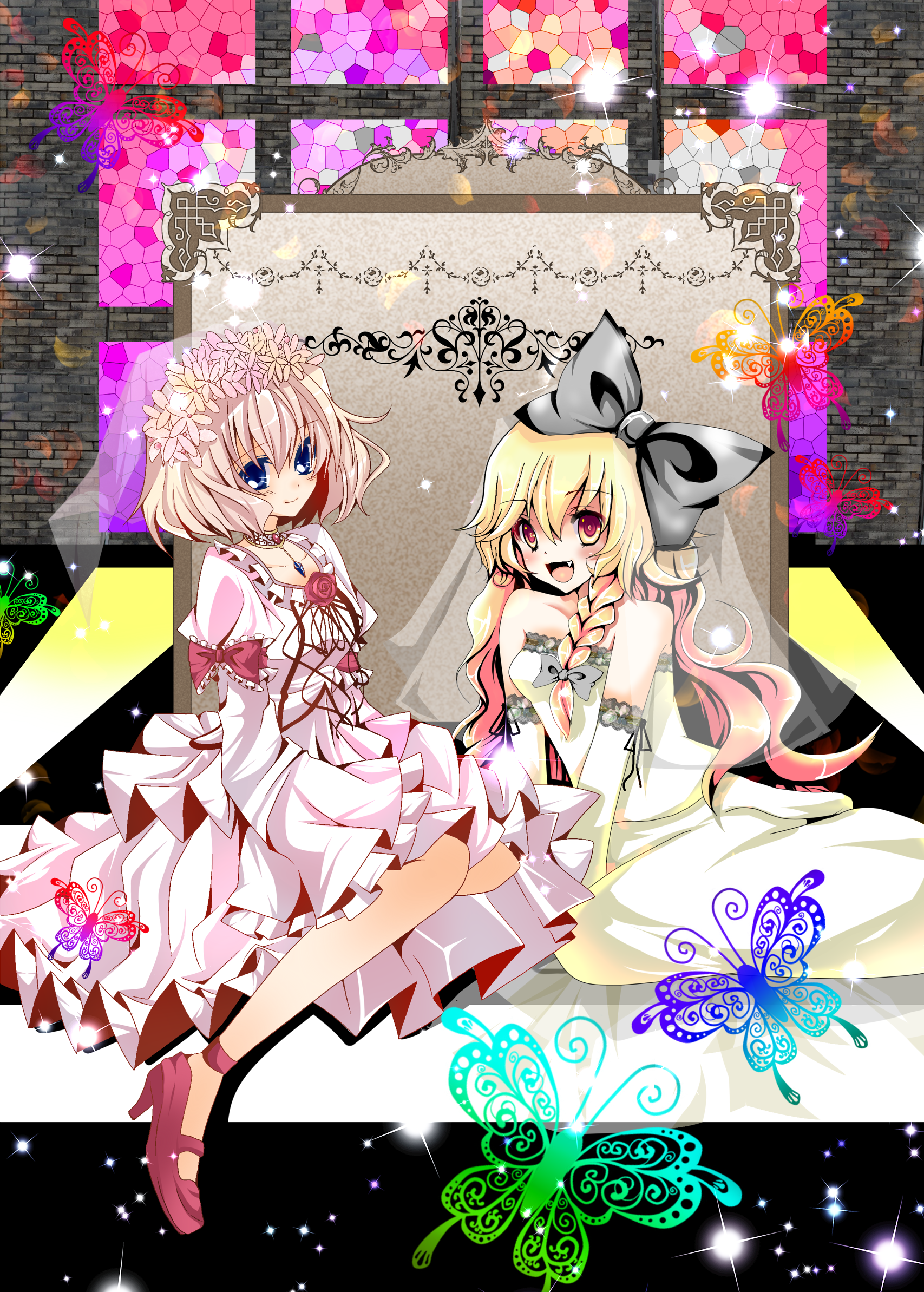 kurekore, alice margatroid, kirisame marisa, touhou, highres, 2girls, blonde hair, blue eyes, braid, bride, bug, butterfly, dress, female focus, hairband, long hair, multiple girls, short hair, wedding dress, yellow eyes