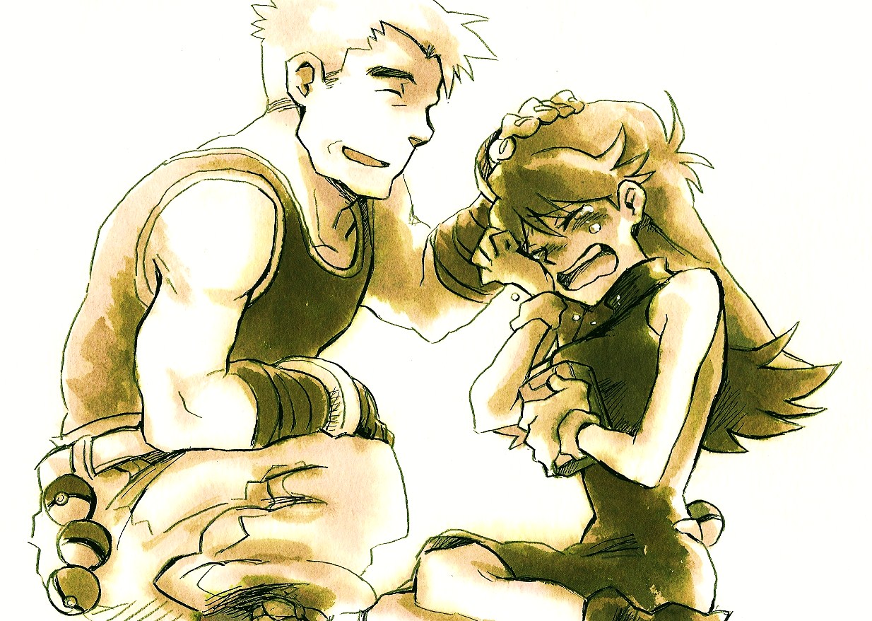 shinoasa, green (pokemon), professor oak, nintendo, pokemon, pokemon adventures, 1boy, 1girl, alternate costume, black dress, brown hair, dress, gloves, headpat, long hair, monochrome, muscular, poke ball, pokedex, sepia, simple background, tears, white gloves