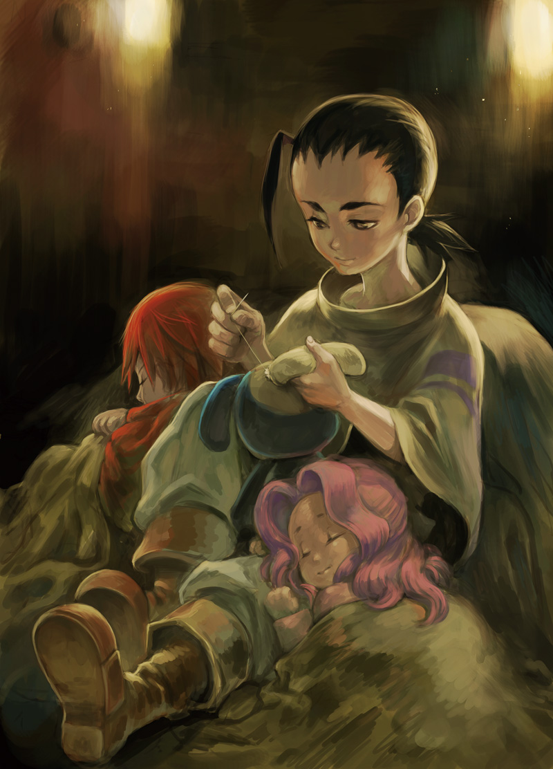 rebasashi, darry adai, gimmy adai, rossiu adai, tengen toppa gurren lagann, light, 00s, 1girl, 2boys, ahoge, cave, child, cloak, lantern, long sleeves, multiple boys, pink hair, ponytail, red hair, sleeping, wavy hair