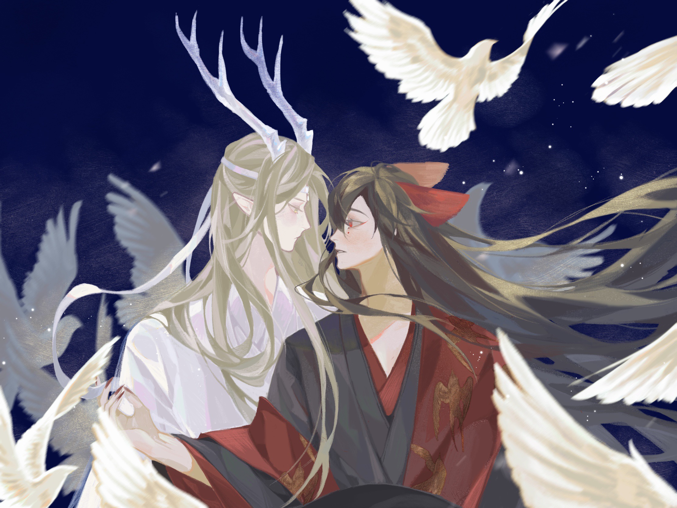 lan wangji, wei wuxian, modao zushi, chinese commentary, commentary request, highres, 2boys, alternate hair color, alternate hairstyle, animal ears, bird, bishounen, black hair, black hanfu, blonde hair, blue background, brown hair, chinese clothes, closed eyes, couple, diaomaoxiaoheidaoliangquanban, dove, dragon boy, dragon horns, eastern dragon horns, eye contact, facing another, floating hair, fox boy, fox ears, hair down, hanfu, headband, horns, kemonomimi mode, light particles, long hair, long sleeves, looking at another, male focus, multiple boys, parted lips, pointy ears, profile, red eyes, red sash, robe, sash, sidelocks, upper body, very long hair, white bird, white hanfu, white headband, wide sleeves, yaoi, yellow eyes