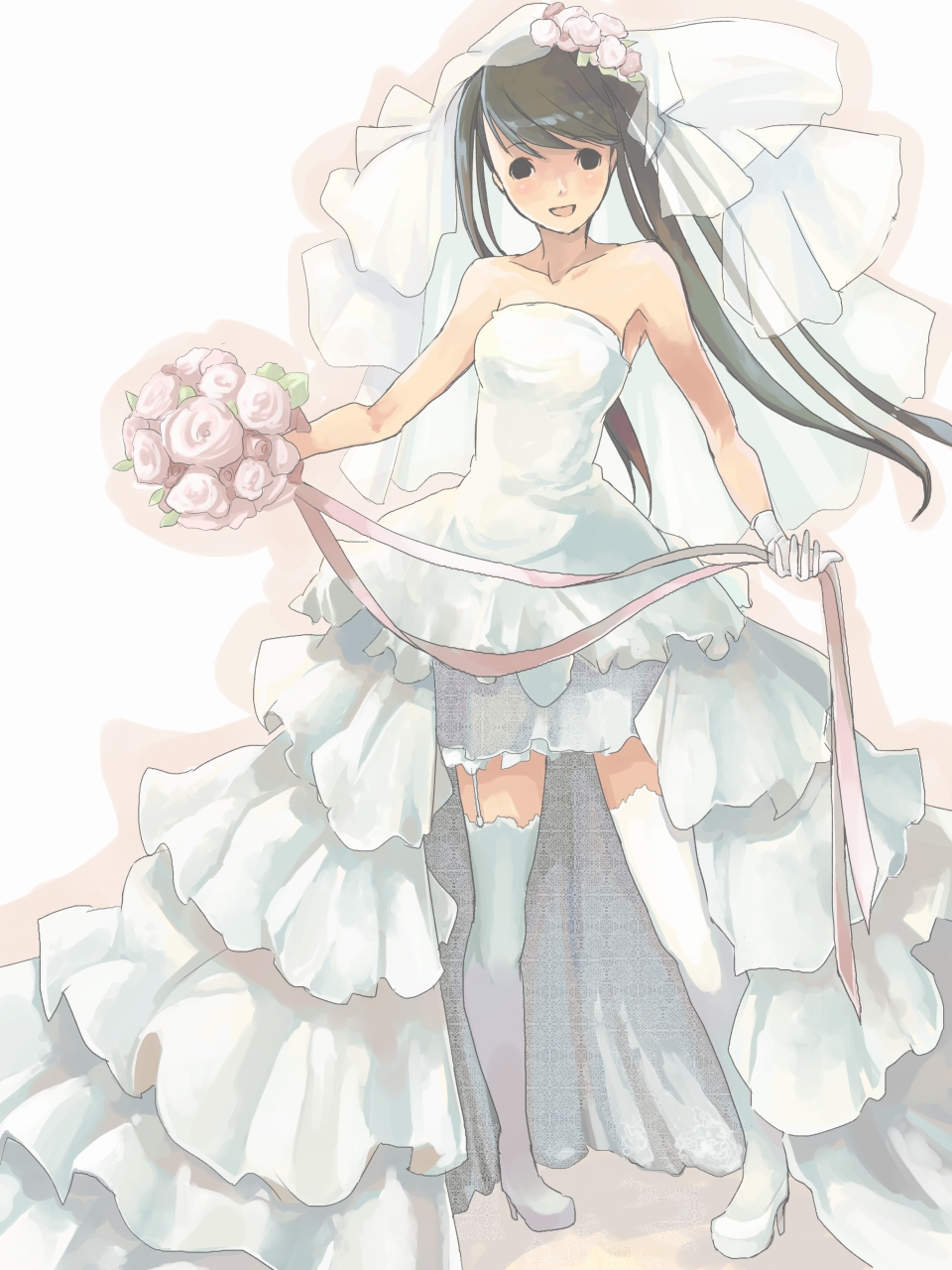 murakami, murakami mame, original, bad id, bad pixiv id, highres, 1girl, :d, black eyes, black hair, bouquet, bridal veil, bride, dress, female focus, flower, garter straps, gloves, high heels, legs, open mouth, shoes, smile, solo, standing, strapless, strapless dress, thighhighs, veil, wedding dress, white gloves, white thighhighs, zettai ryouiki