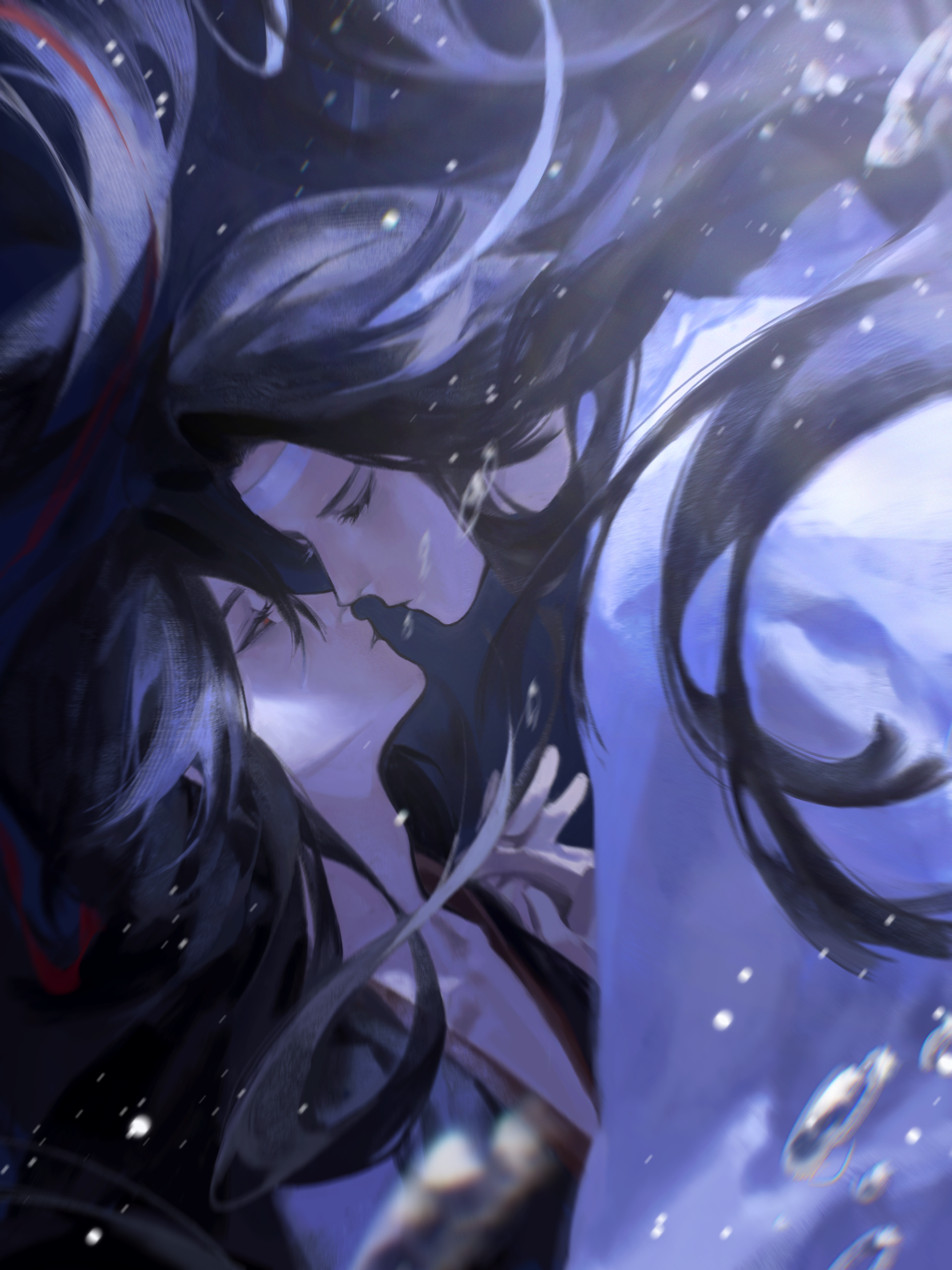 lan wangji, wei wuxian, wei wuxian (yiling laozu), modao zushi, chinese commentary, commentary request, highres, 2boys, air bubble, bishounen, black hair, black hanfu, blurry, bubble, chinese clothes, closed eyes, diaomaoxiaoheidaoliangquanban, eyelashes, face-to-face, floating hair, forehead-to-forehead, from side, hair down, hair ribbon, half updo, hanfu, headband, heads together, holding hands, imminent kiss, kiss, kissing cheek, light particles, long hair, long sleeves, looking at another, male focus, multiple boys, official alternate hairstyle, parted lips, profile, red eyes, red ribbon, ribbon, robe, submerged, underwater, upper body, white hanfu, white headband, wide sleeves, yaoi