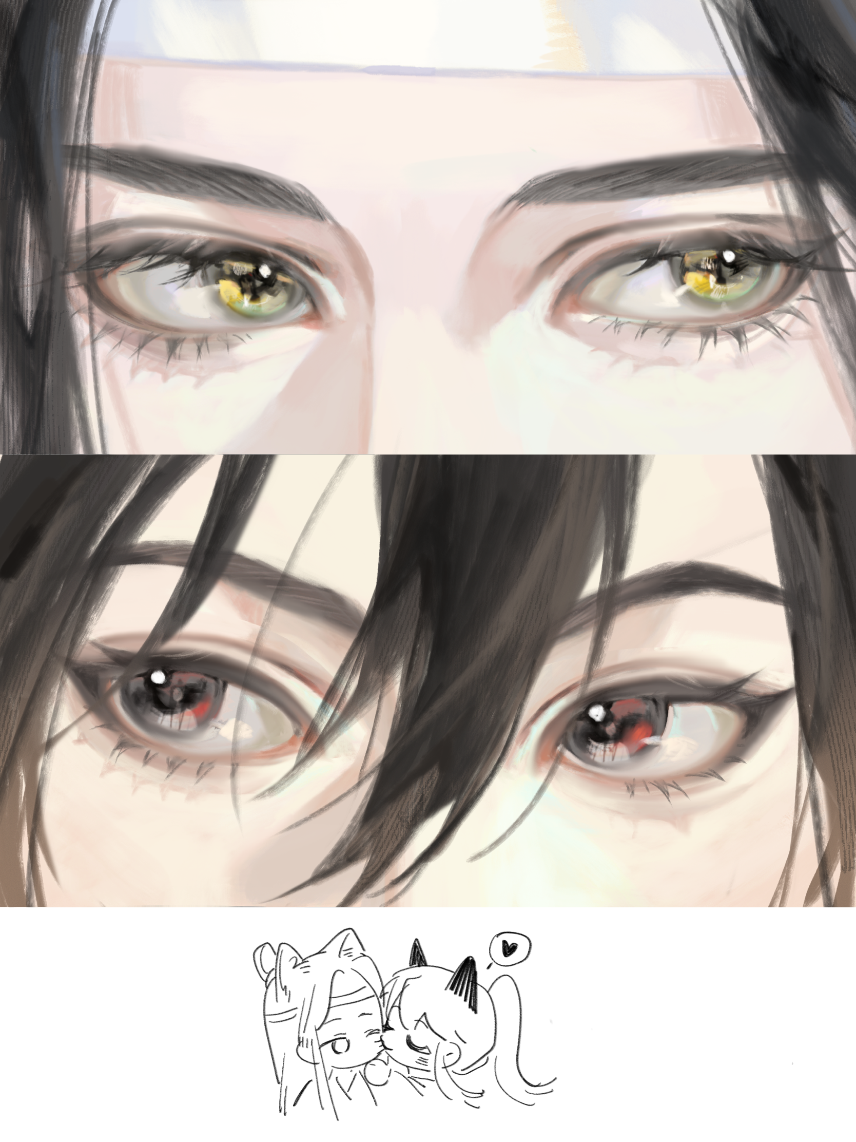 lan wangji, wei wuxian, modao zushi, chinese commentary, commentary request, highres, 2boys, black eyes, black hair, brown hair, chibi, chibi inset, close-up, closed eyes, diaomaoxiaoheidaoliangquanban, eye focus, eyelashes, hair between eyes, headband, heart, implied yaoi, kiss, kissing cheek, looking at viewer, male focus, multiple boys, ponytail, red eyes, spoken heart, white headband, yellow eyes