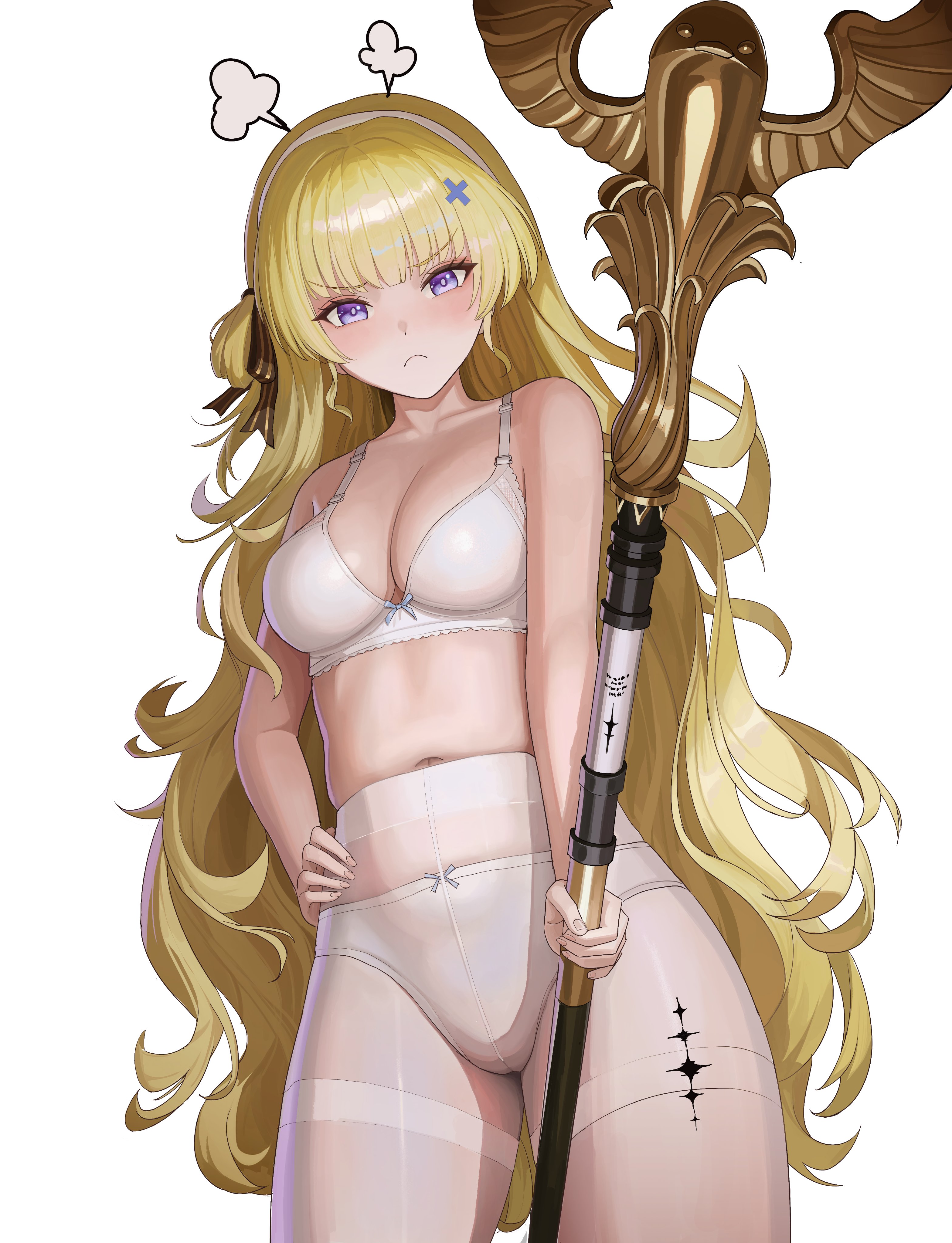 soul (smfa2555), phoebe (wuthering waves), wuthering waves, absurdres, commentary request, highres, korean commentary, 1girl, bare shoulders, blonde hair, blush, bra, breasts, closed mouth, collarbone, hair ornament, hairband, hand on own hip, holding, holding staff, long hair, looking at viewer, medium breasts, panties, panties under pantyhose, pantyhose, puff of air, purple eyes, simple background, solo, staff, tacet mark (wuthering waves), thighband pantyhose, underwear, v-shaped eyebrows, very long hair, white background, white bra, white hairband, white panties, white pantyhose, x hair ornament