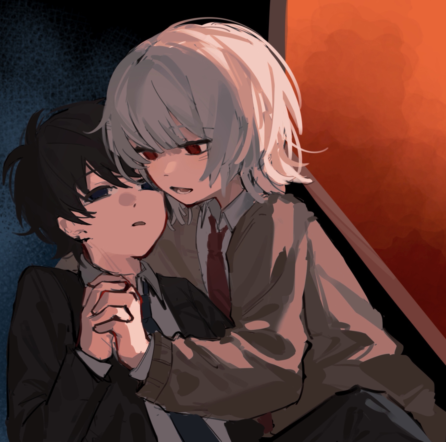 akinashi haru, tatsunami shion, saihate eki, highres, 2boys, black hair, black jacket, blank stare, brown cardigan, cardigan, cuddling, holding hands, jacket, lapels, looking at another, male focus, menzefish, multiple boys, red eyes, short hair, upper body, white hair, window, yaoi