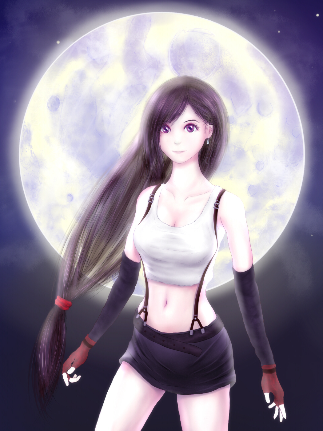 kota (pixiv383234), tifa lockhart, final fantasy, final fantasy vii, highres, 1990s (style), 1girl, black hair, breasts, earrings, elbow gloves, female focus, fingerless gloves, gloves, jewelry, long hair, midriff, miniskirt, moon, night, outdoors, purple eyes, skirt, sky, solo, suspenders, tank top