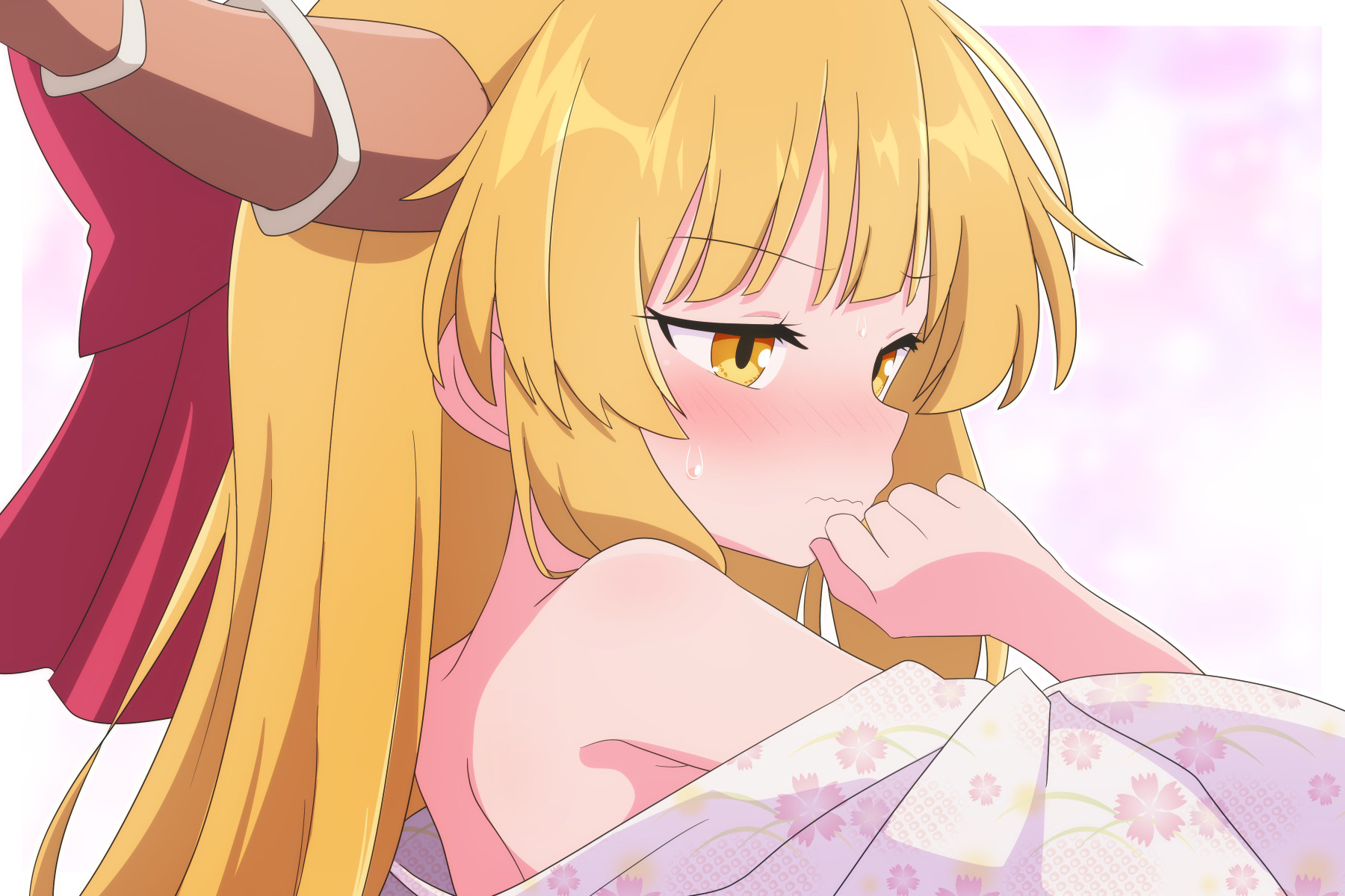cato (monocatienus), ibuki suika, touhou, commentary request, highres, 1girl, alternate costume, blonde hair, blush, bow, brown horns, closed mouth, embarrassed, floral print, hair bow, horns, japanese clothes, kimono, off shoulder, oni, print kimono, red bow, solo, sweatdrop, white kimono, yellow eyes