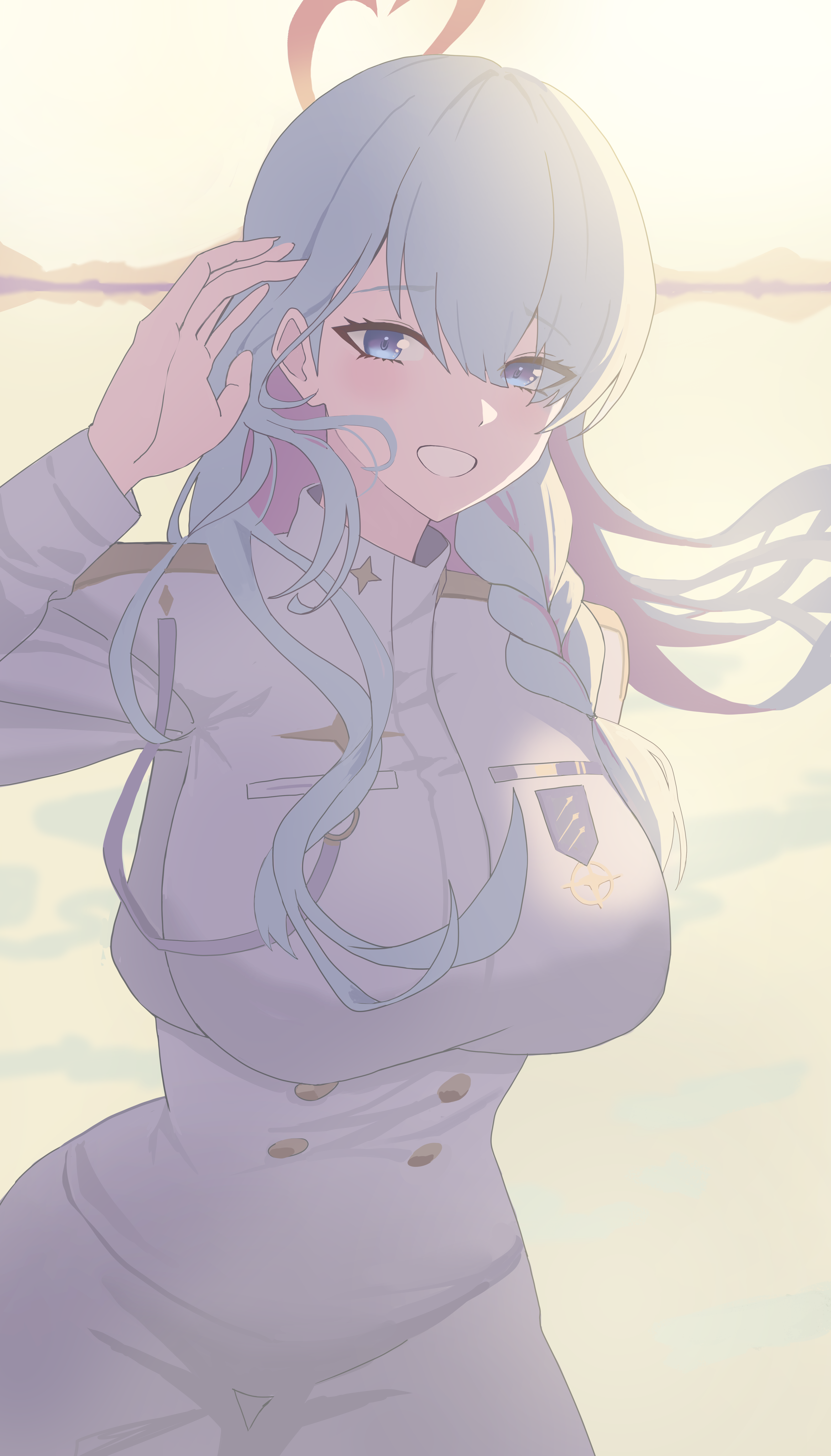 oro (lsg0624), general student council president (blue archive), blue archive, absurdres, commentary, highres, 1girl, arm up, blue eyes, blue hair, braid, breasts, colored inner hair, cowboy shot, dress, epaulettes, large breasts, long hair, long sleeves, looking at viewer, multicolored hair, pink hair, single braid, smile, solo, two-tone hair, white dress