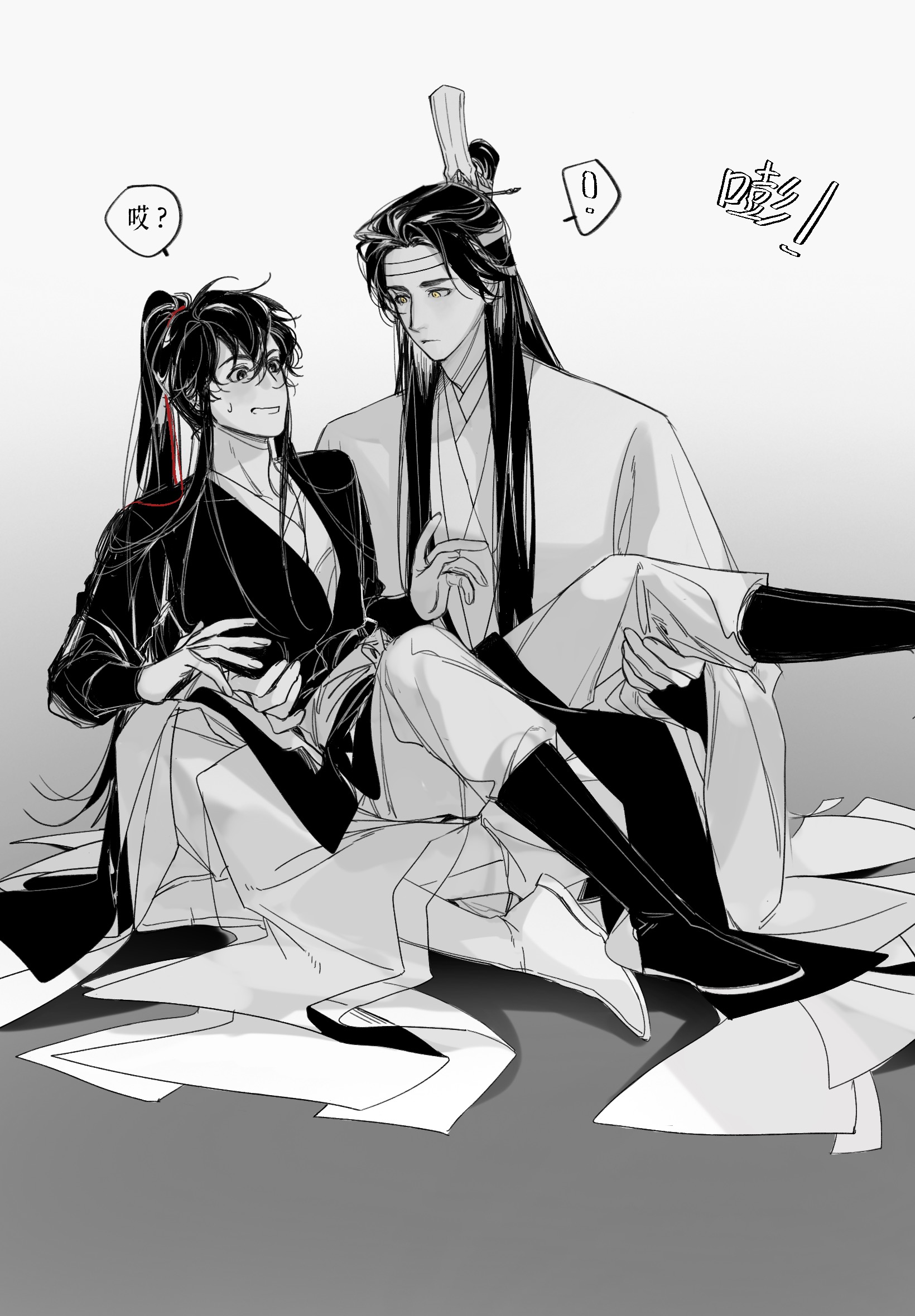 lan wangji, wei wuxian, modao zushi, chinese commentary, commentary request, highres, !, 2boys, black boots, black hair, black hanfu, blush, boots, carrying, chinese clothes, chinese text, closed mouth, couple, diaomaoxiaoheidaoliangquanban, eye contact, grey eyes, greyscale, hair ribbon, hanfu, headband, high ponytail, long hair, long sleeves, looking at another, male focus, monochrome, multiple boys, open mouth, pants, ponytail, princess carry, red ribbon, ribbon, robe, sidelocks, sitting, sitting on lap, sitting on person, speech bubble, spoken exclamation mark, spot color, sweatdrop, topknot, very long hair, white boots, white hanfu, white headband, white pants, wide sleeves, xiao guan (headdress), yaoi, yellow eyes