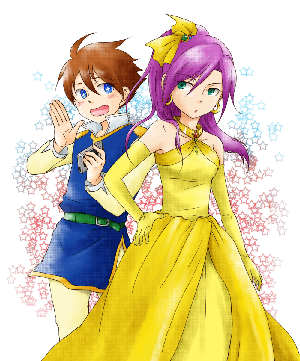 pekamatu, bartz klauser, faris scherwiz, final fantasy, final fantasy v, highres, 1990s (style), 1boy, 1girl, bare shoulders, blue eyes, blush, brown hair, couple, dress, earrings, green eyes, jewelry, long hair, ponytail, princess, purple hair, ribbon, short hair, yellow ribbon
