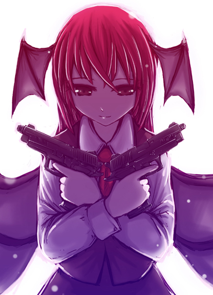 verynezumi, koakuma, embodiment of scarlet devil, sig sauer, touhou, 1girl, bat wings, crossed arms, dual wielding, female focus, gun, handgun, head wings, holding, pistol, red hair, sig p220/p226, solo, weapon, wings
