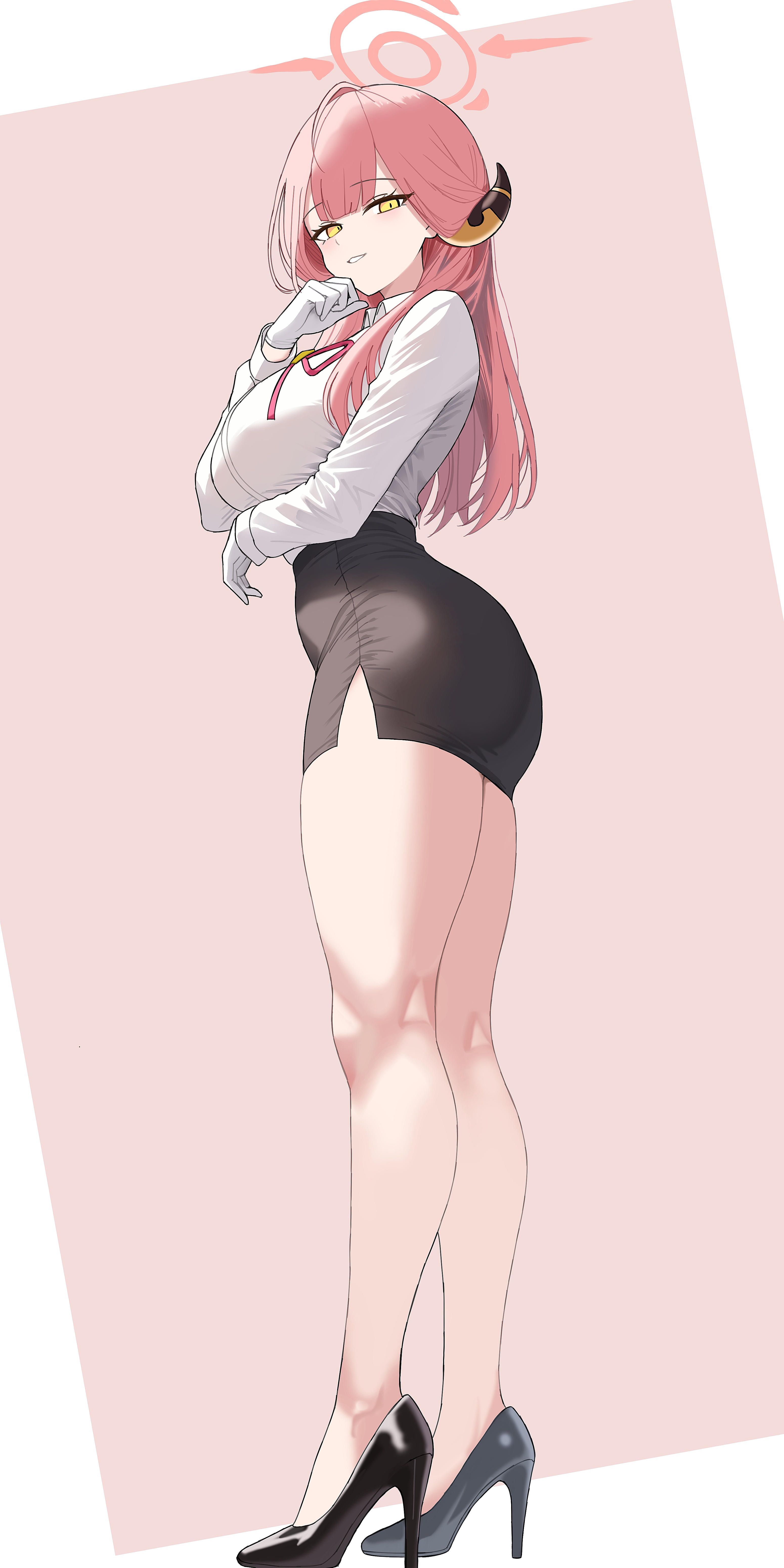 blue star (pixiv23073844), aru (blue archive), blue archive, absurdres, commentary request, highres, korean commentary, 1girl, arm under breasts, black skirt, blunt bangs, blush, border, breasts, collared shirt, from side, gloves, grin, halo, hand on own chin, hand up, high heels, horns, large breasts, legs, long hair, long sleeves, looking at viewer, pencil skirt, pink background, pink hair, pink halo, shirt, shirt tucked in, skirt, smile, solo, standing, teeth, thighs, white border, white gloves, white shirt, yellow eyes