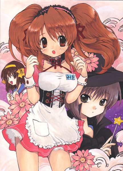 suwajin, asahina mikuru, nagato yuki, suzumiya haruhi, suzumiya haruhi no shoushitsu, suzumiya haruhi no yuuutsu, traditional media, 10s, 3girls, brown eyes, brown hair, corset, flower, long hair, multiple girls, official alternate hairstyle, school uniform, serafuku, twintails, waitress, witch