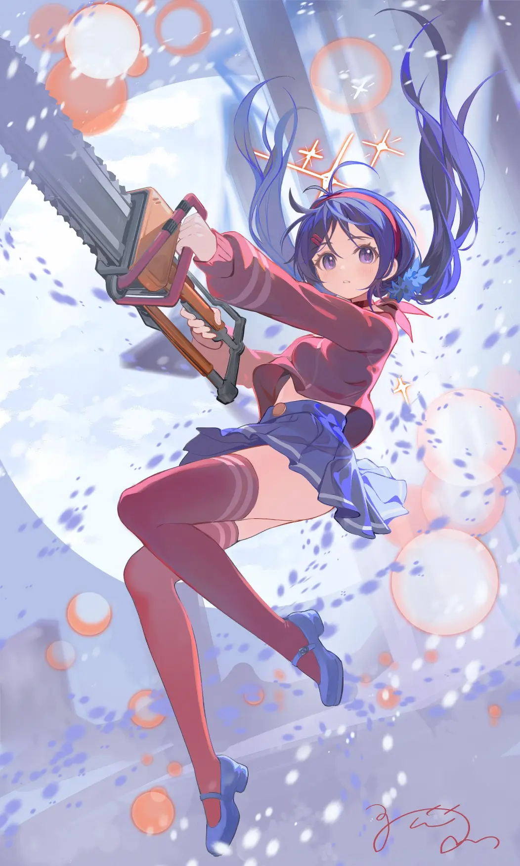 crazy mita (miside), mita (miside), miside, chinese commentary, commentary request, highres, 1girl, ahoge, blue hair, blue skirt, chainsaw, closed mouth, full body, hair ornament, hairband, holding, holding weapon, long hair, long sleeves, looking at viewer, low twintails, pleated skirt, purple eyes, red shirt, shirt, shoes, signature, skirt, smile, solo, thighhighs, twintails, weapon, youmeng33, zettai ryouiki