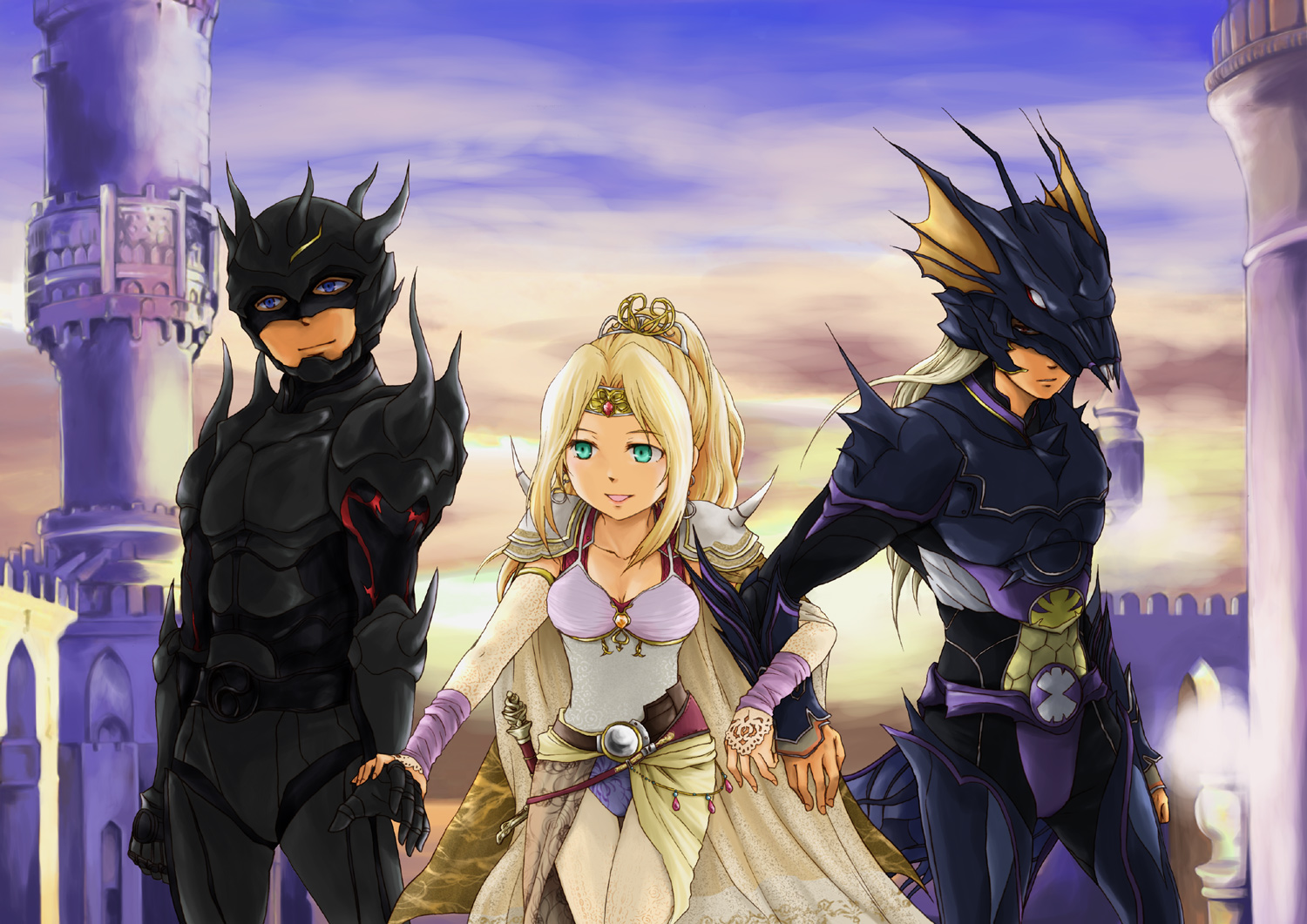 pekamatu, cain highwind, cecil harvey, rosa farrell, final fantasy, final fantasy iv, 1990s (style), 1girl, 2boys, armor, belt, blonde hair, blue eyes, bridal gauntlets, cape, earrings, hair ornament, helmet, jewelry, leotard, long hair, multiple boys, pantyhose, ponytail, shoulder pads, sky, sword, tiara, weapon