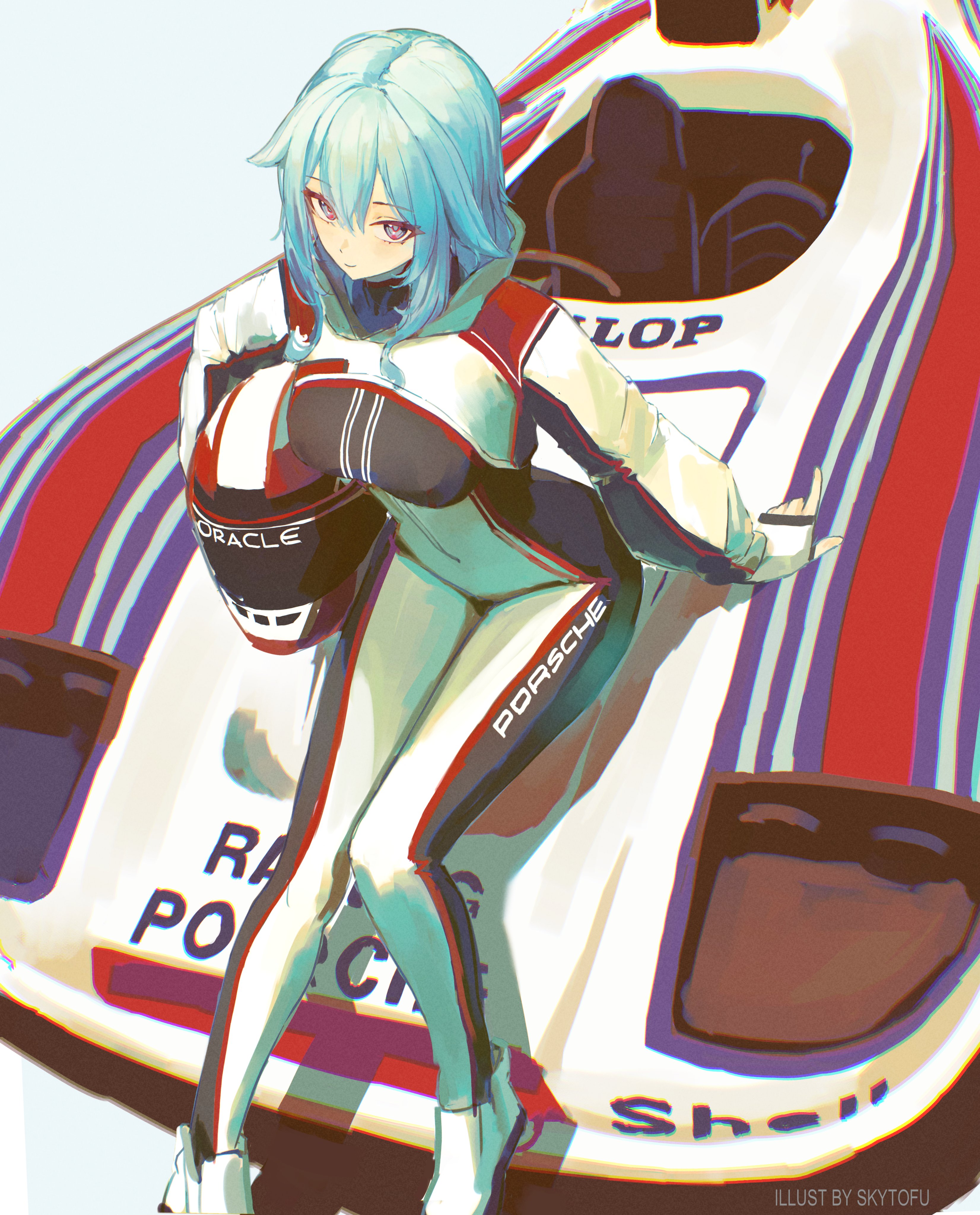 skytofu, oracle (company), original, porsche, absurdres, highres, 1girl, arm support, blue hair, bodysuit, car, helmet, holding, holding unworn helmet, long hair, looking at viewer, motor vehicle, racing suit, sitting, solo, unworn headwear, unworn helmet