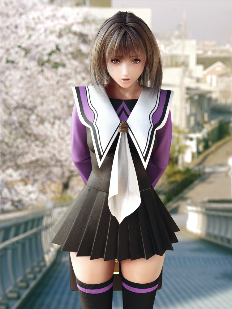 m-rs, yoshizuki iori, i"s, 1girl, 3d, brown eyes, brown hair, female focus, purple thighhighs, school uniform, short hair, shy, skirt, solo, thighhighs