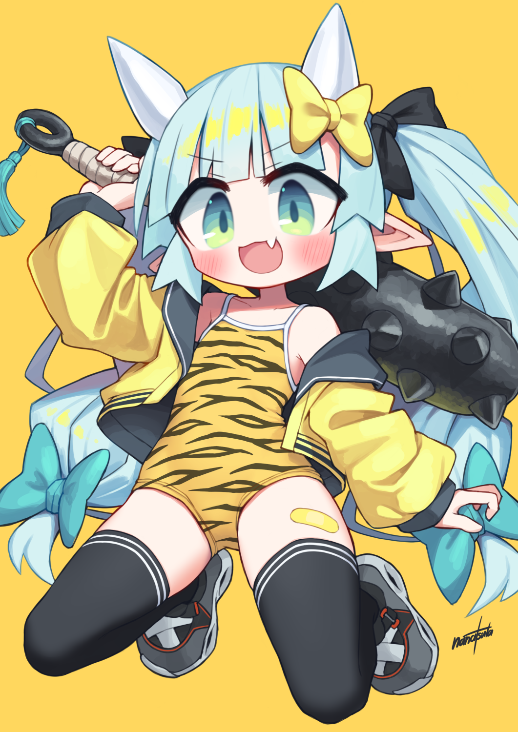 nanatsuta, original, commentary request, highres, 1girl, :d, animal print, black thighhighs, blue hair, bow, club (weapon), fang, green eyes, hair bow, holding, holding club, holding weapon, horns, jacket, long hair, looking at viewer, one-piece swimsuit, open mouth, pointy ears, setsubun, simple background, smile, solo, swimsuit, thighhighs, tiger print, twintails, v-shaped eyebrows, weapon, yellow background, yellow bow, yellow jacket, yellow one-piece swimsuit