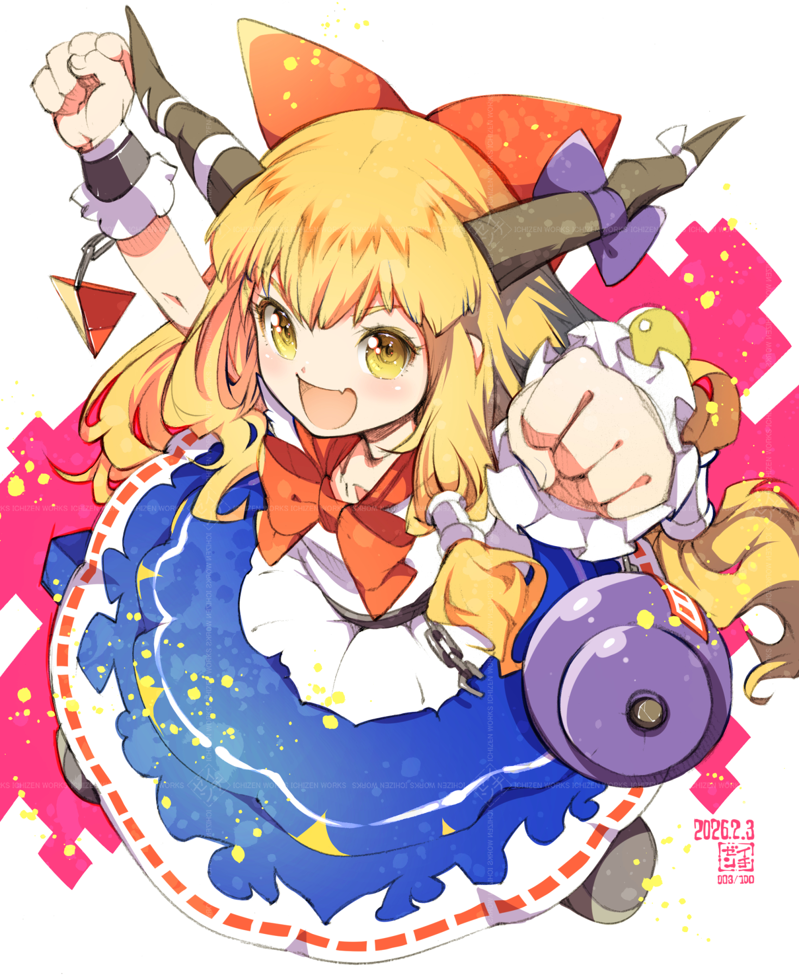 ichizen (o tori), ibuki suika, touhou, commentary request, highres, 1girl, blonde hair, blue skirt, blush, bow, brown horns, chain, cuffs, dated, gourd, hair bow, horn bow, horn ornament, horns, long hair, looking at viewer, oni, open mouth, red bow, shackles, shirt, skirt, smile, solo, very long hair, white shirt, wrist cuffs, yellow eyes