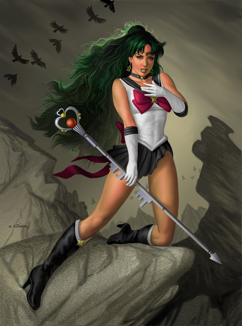 meiou setsuna, sailor pluto, bishoujo senshi sailor moon, 1990s (style), 1girl, bird, black boots, boots, choker, crow, dark-skinned female, dark skin, earrings, elbow gloves, female focus, gloves, green hair, hand on own chest, high heels, holding, holding staff, jewelry, kneeling, lipstick, long hair, looking at viewer, makeup, realistic, retro artstyle, signature, solo, staff, white gloves
