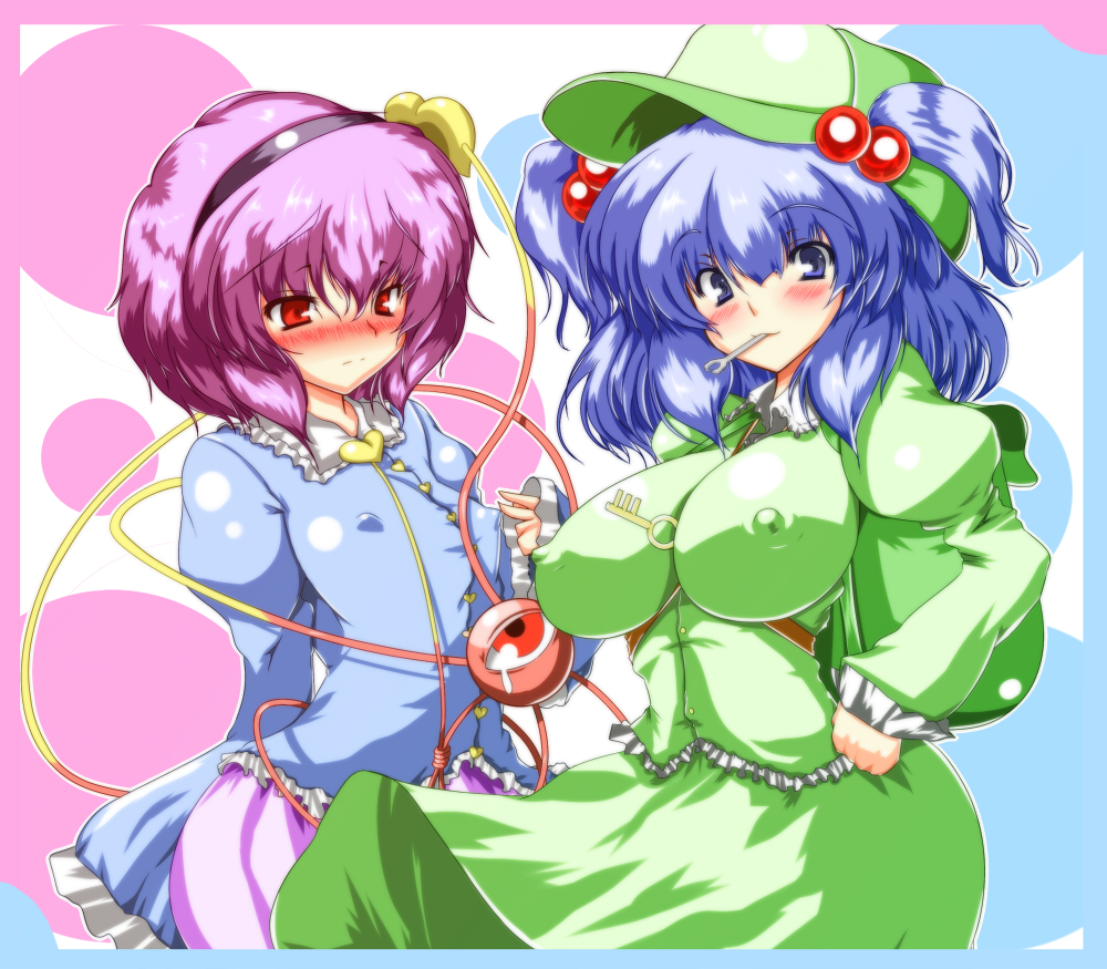 shoushinmono, tanaka ginji, kawashiro nitori, komeiji satori, touhou, 2girls, backpack, bag, blue eyes, blue hair, blush, bow, breast envy, breasts, covered erect nipples, dress, female focus, flat chest, hair bobbles, hair bow, hair ornament, hairband, hands on own hips, hat, impossible clothes, impossible dress, key, large breasts, looking at breasts, mouth hold, multiple girls, pink hair, randoseru, red eyes, short hair, simple background, twintails, two side up, wrench