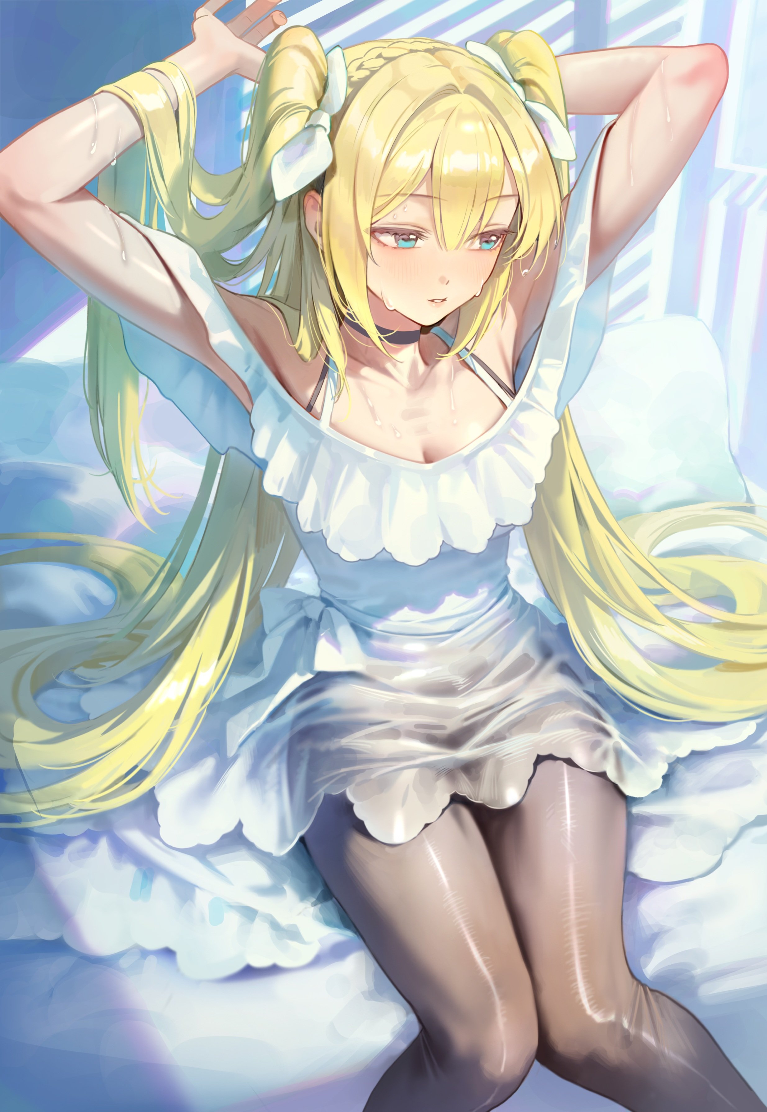 bangsom, nora (bangsom), original, absurdres, commentary, highres, 1girl, arms behind head, ballerina, black choker, black pantyhose, blonde hair, blue eyes, blush, breasts, choker, cleavage, dress, hair ribbon, long hair, medium breasts, pantyhose, parted lips, ribbon, sitting, solo, sweat, twintails, very long hair, white dress, white ribbon