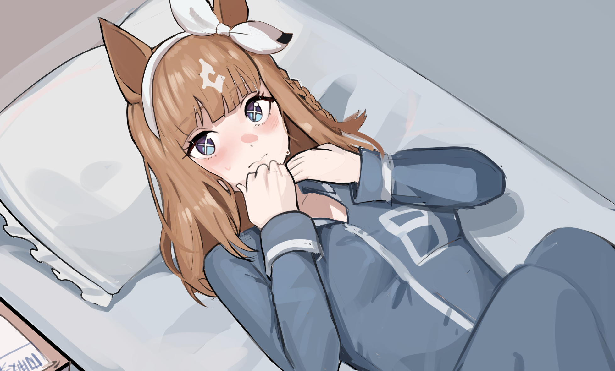 solokitsune, almond eye (umamusume), umamusume, commentary request, highres, 1girl, animal ears, blue eyes, blue pajamas, blush, brown hair, closed mouth, horse ears, horse girl, long hair, looking at viewer, lying, on back, pajamas, solo, symbol-shaped pupils, x-shaped pupils
