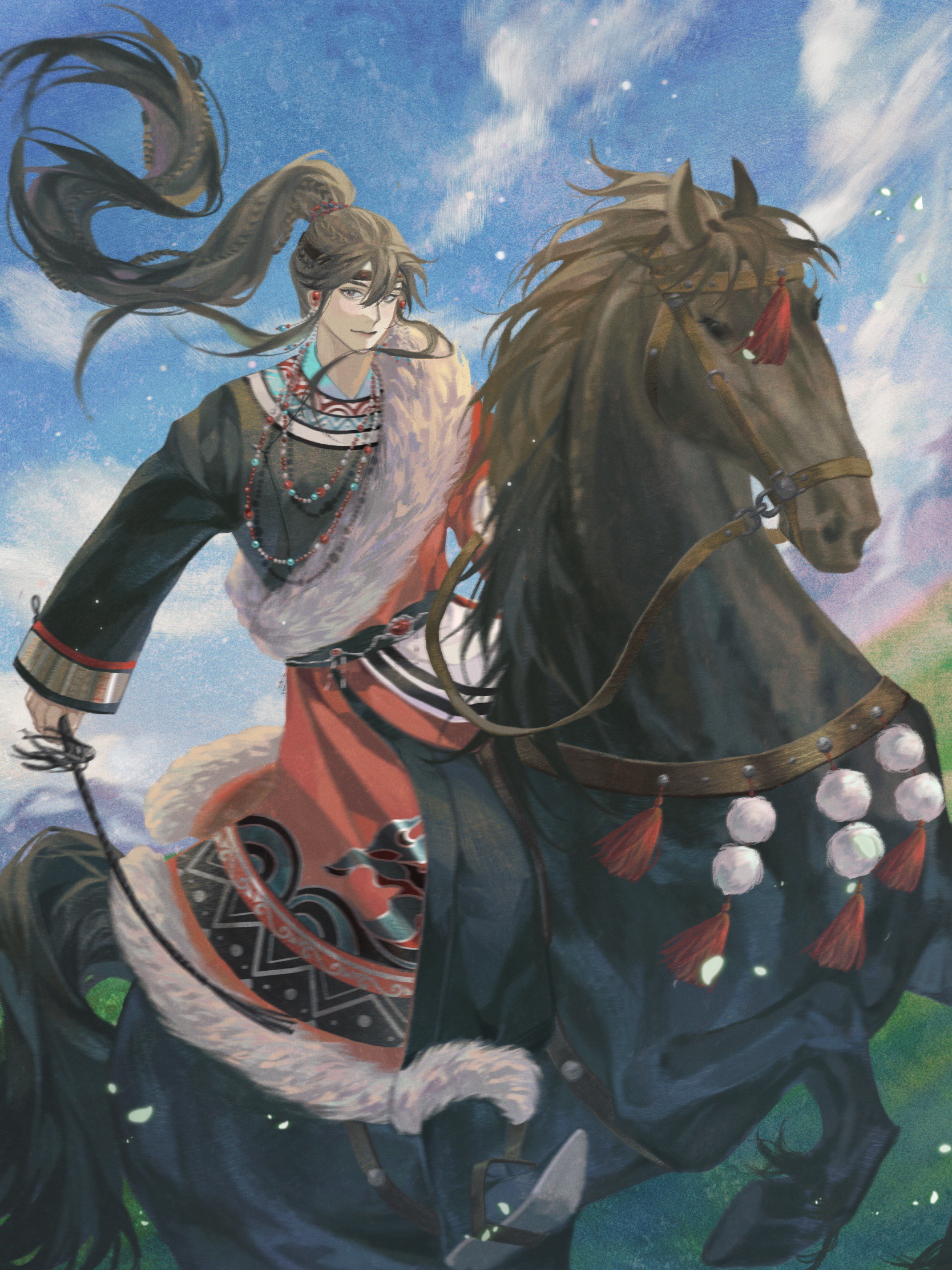 wei wuxian, modao zushi, chinese commentary, commentary request, highres, 1boy, alternate costume, animal, asymmetrical clothes, bead necklace, beads, belt, black belt, black boots, black hair, black headband, black pants, black shirt, blue sky, boots, braid, brown hair, chinese clothes, closed mouth, cloud, day, diaomaoxiaoheidaoliangquanban, earrings, falling leaves, floating hair, full body, fur-trimmed robe, fur trim, gem, grass, grey eyes, hanfu, headband, high ponytail, holding, holding weapon, holding whip, horse, horseback riding, jewelry, leaf, light particles, long hair, long sleeves, looking at viewer, male focus, miao clothes, necklace, outdoors, pants, ponytail, red gem, red robe, reins, riding, robe, saddle, shirt, sidelocks, sky, smile, solo, tassel, very long hair, weapon, whip, wind