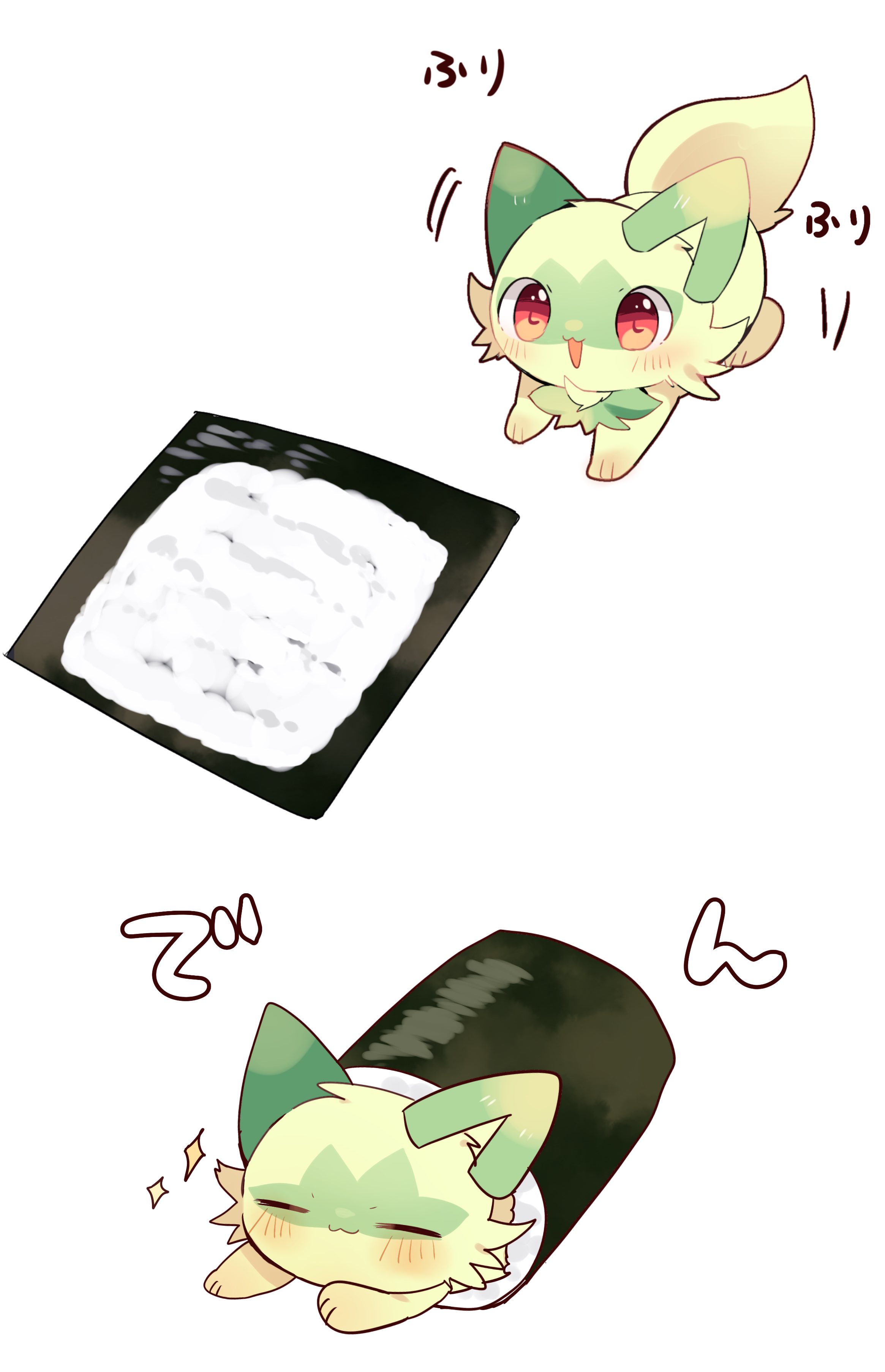 yupo 0322, sprigatito, nintendo, pokemon, absurdres, commentary request, highres, animal focus, cat, closed eyes, closed mouth, food, green fur, makizushi, no humans, nori (seaweed), open mouth, pokemon (creature), pokemon focus, red eyes, rice, smile, sushi