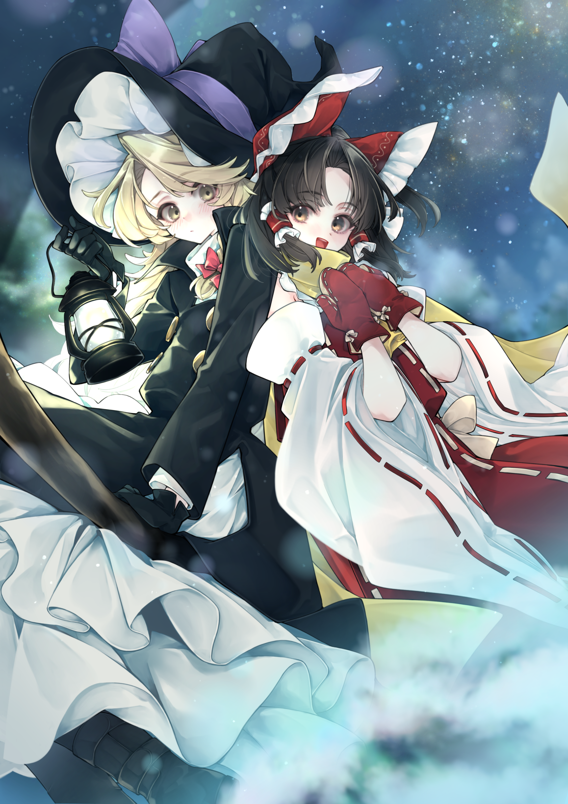 meji aniki, hakurei reimu, kirisame marisa, forbidden scrollery, touhou, commentary request, highres, 2girls, ascot, bare shoulders, black boots, black coat, black gloves, black hat, black skirt, blonde hair, blush, boots, bow, braid, broom, broom riding, brown hair, coat, detached sleeves, frilled bow, frilled hair tubes, frilled hat, frills, gloves, hair bow, hair tubes, hat, hat bow, holding, holding lantern, lantern, long hair, long sleeves, multiple girls, multiple riders, official alternate costume, purple bow, red bow, red gloves, red shirt, red skirt, ribbon-trimmed sleeves, ribbon trim, scarf, shirt, side braid, single braid, skirt, skirt set, sleeveless, sleeveless shirt, smile, snow, turtleneck, white shirt, winter clothes, witch hat, yellow ascot, yellow eyes, yellow scarf